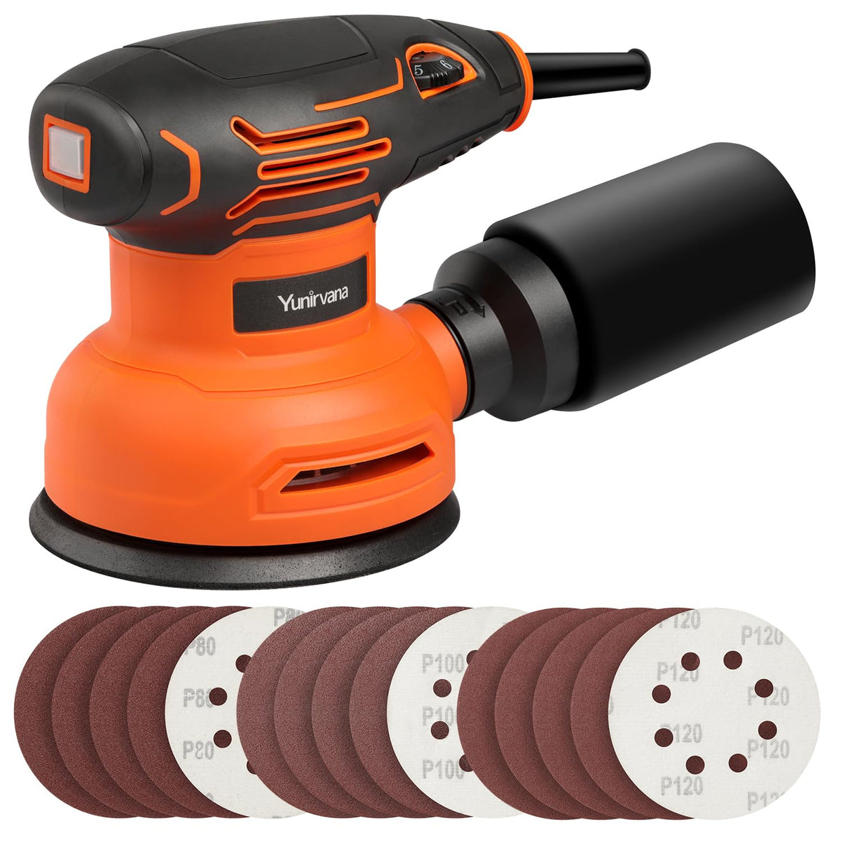 Yunirvana 5-Inch Orbital Sander, 2.5 Amp Motor, 15 Pcs Sanding Disc Set, 6-Speed Control (6000-12000 Opm), Efficient Dust Collection For Superior Sanding And Polishing