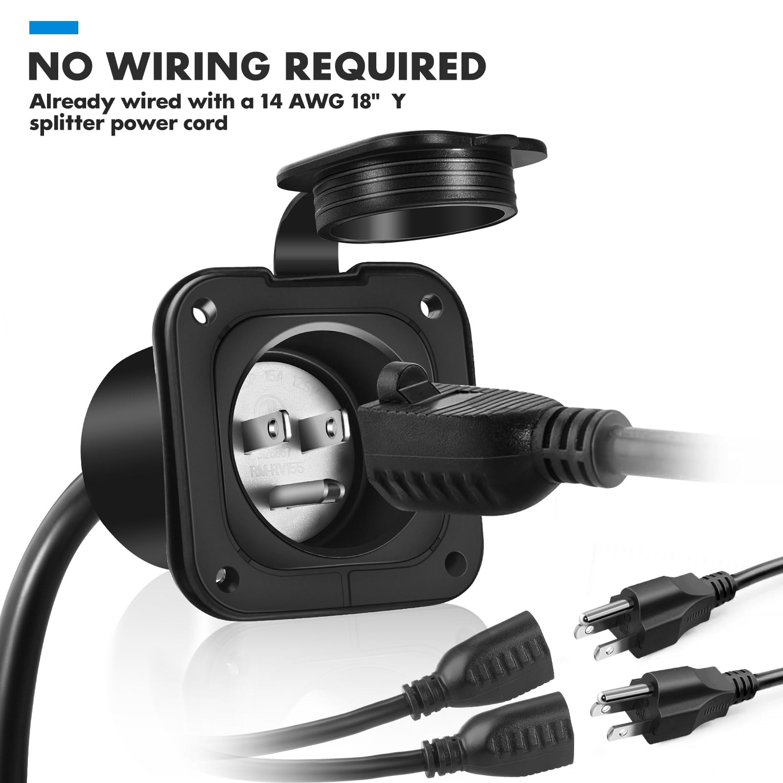 jindouyun 15 Amp 125 Volt AC Power Inlet, with Dual-Plug 18-Inch Extension Cord, 2 Pole 3 Wire NEMA 5-15 Flanged Inlet Plug with