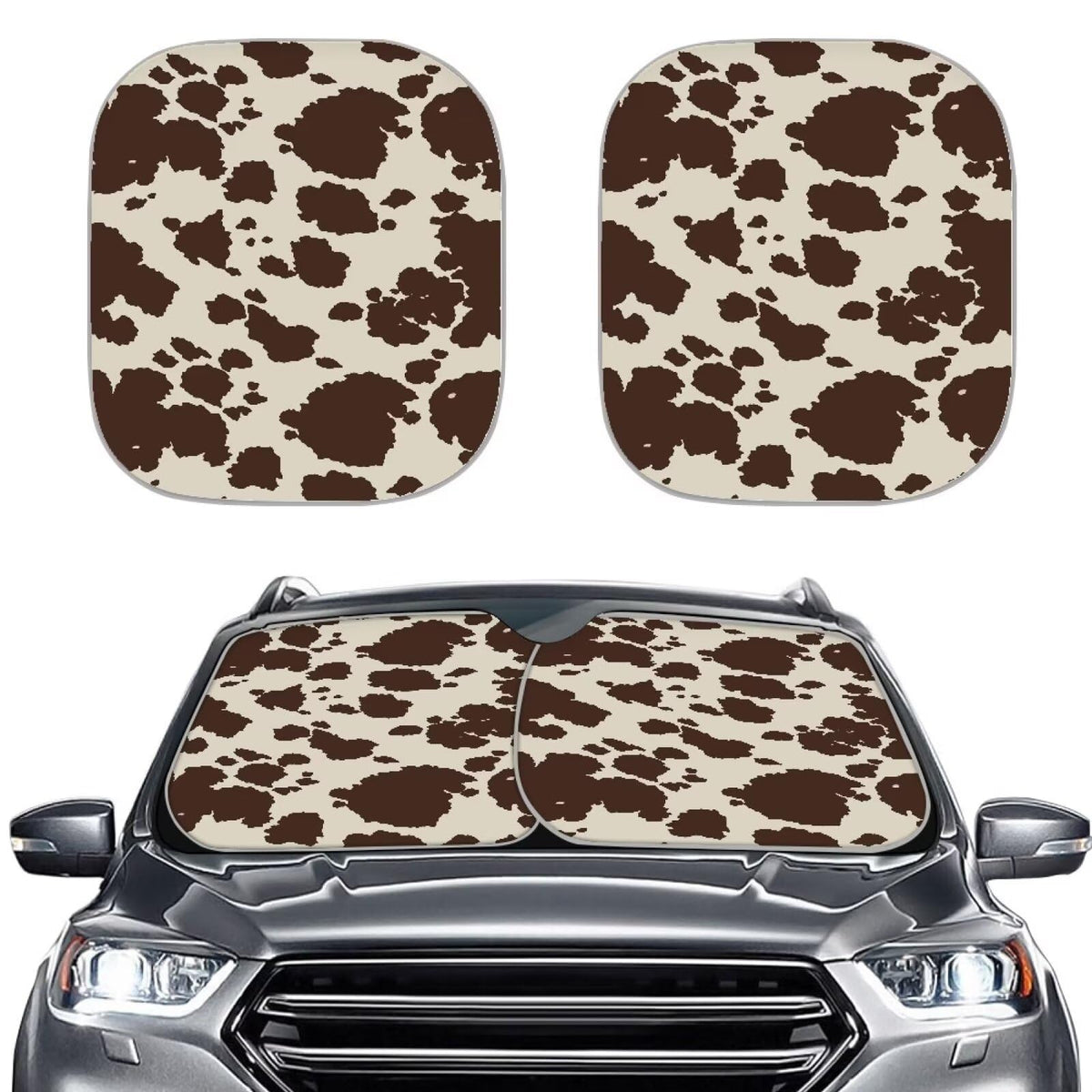 Renewold Brown Cow Print Automotive Windshield Sunshades 2Pcs Foldable Sunshade For Car Windshield Car Accessories For Most Seda