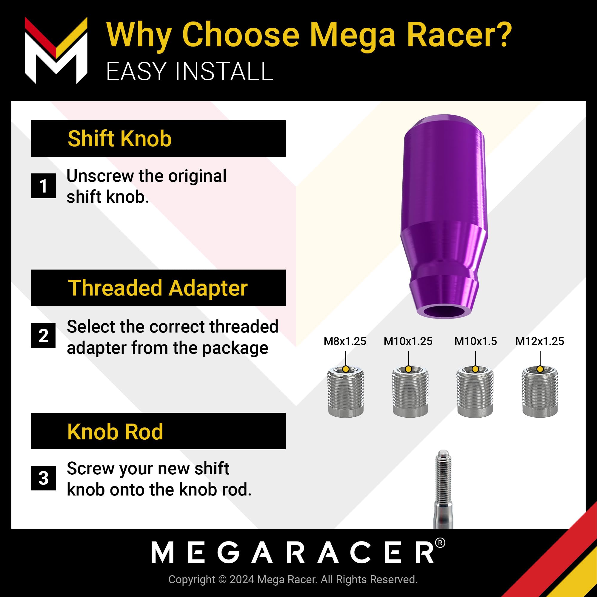Mega Racer 8cm Purple Aluminum Shift Knob - for Buttonless Automatic and 4, 5 and 6 Speed Manual Transmission Vehicles, Interior