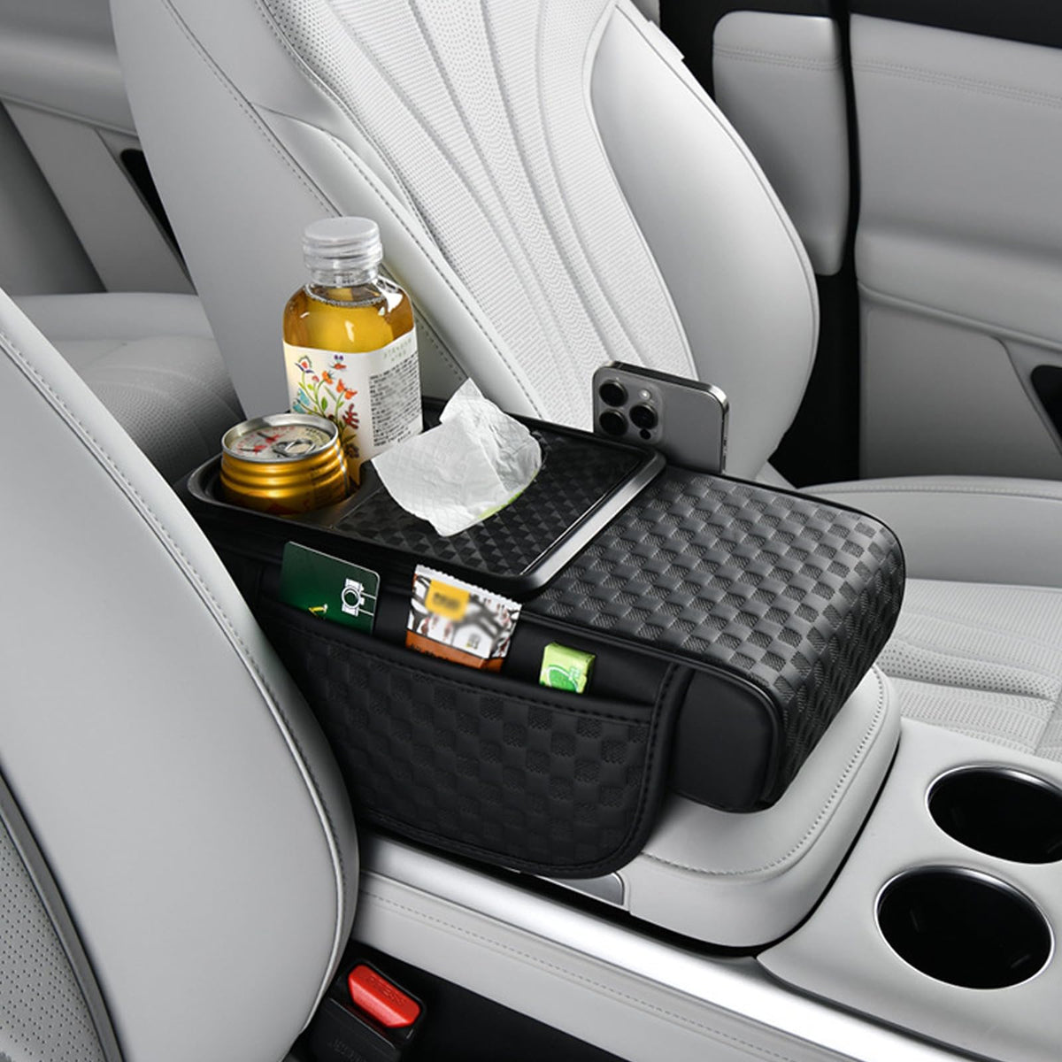 5 in 1 Car Center Console armrest Cushion, Memory Foam armrest Cover with Cup Holder & Tissue Box & Two Side Pockets, Waterproof