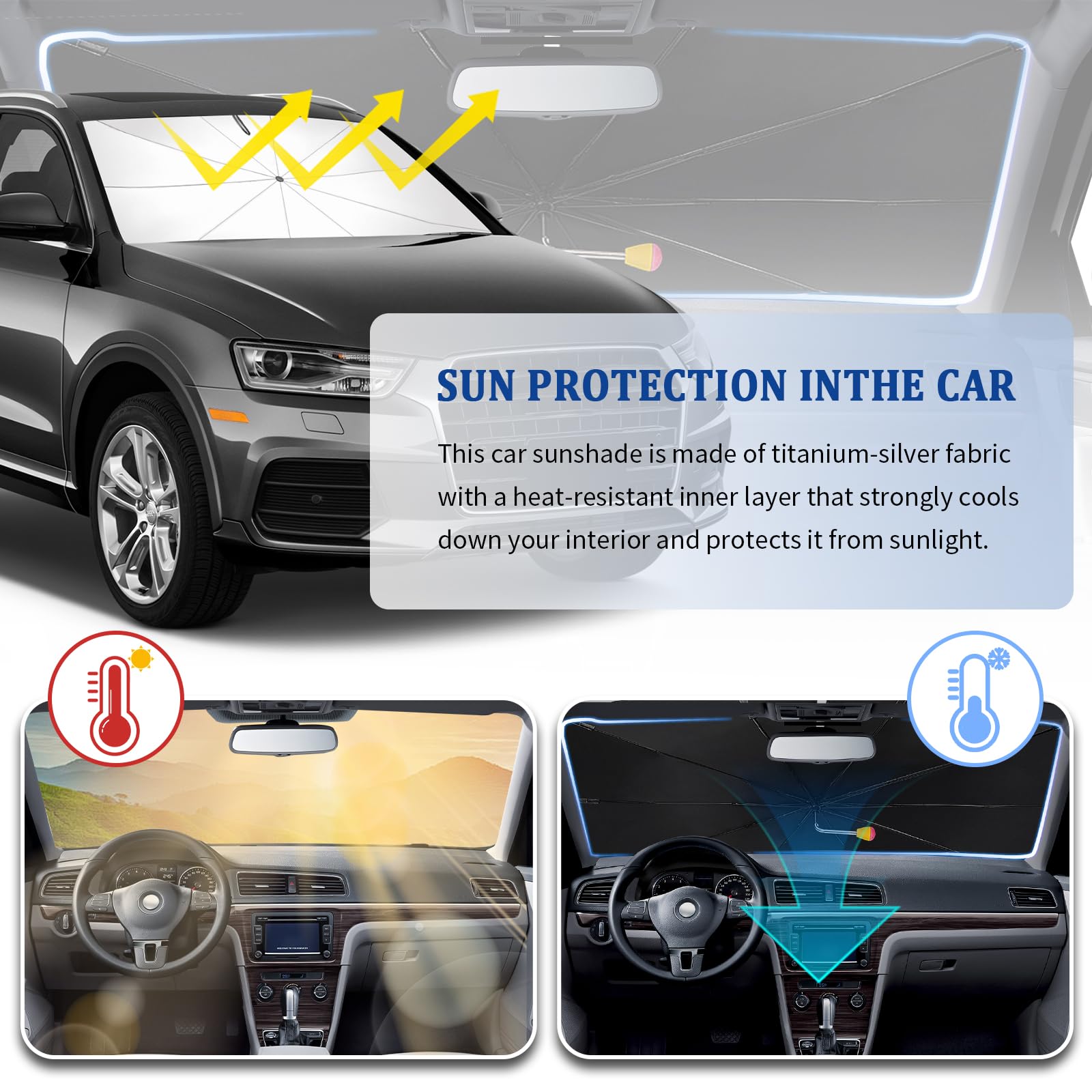 [2025 Upgrade Bend] Car Windshield Sun Shades Umbrella,Foldable Cars Sun Shade with Nanoscale Heat Insulation,55''x30'' Suns Sha