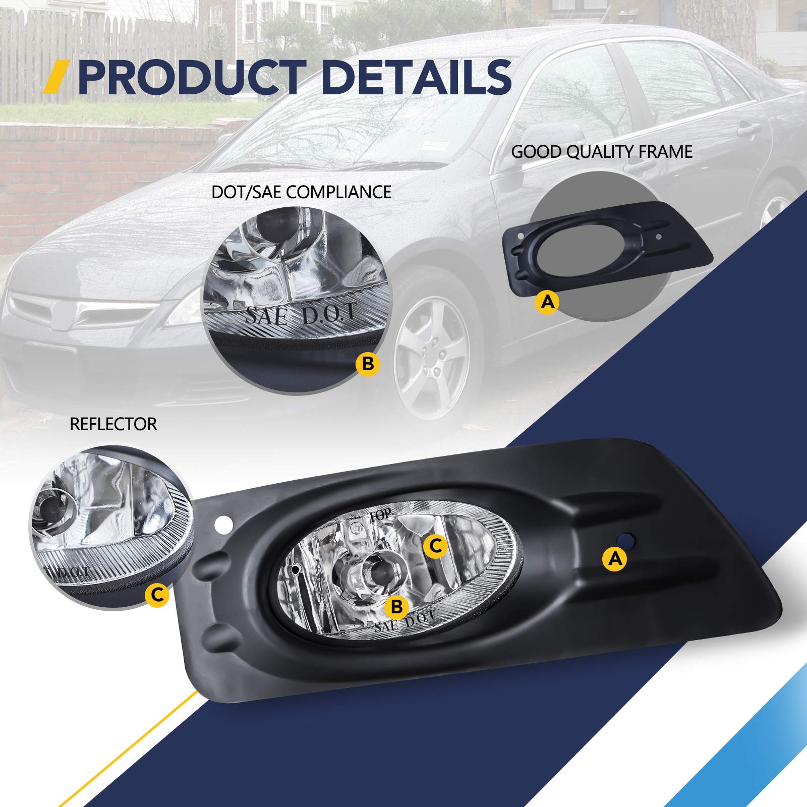 Autofree Fog Lights For Honda Accord Sedan 4Dr 2006 2007 With H11 12V55W Bulbs Oem Fog Lamps Assembly Replacement Included Wirin