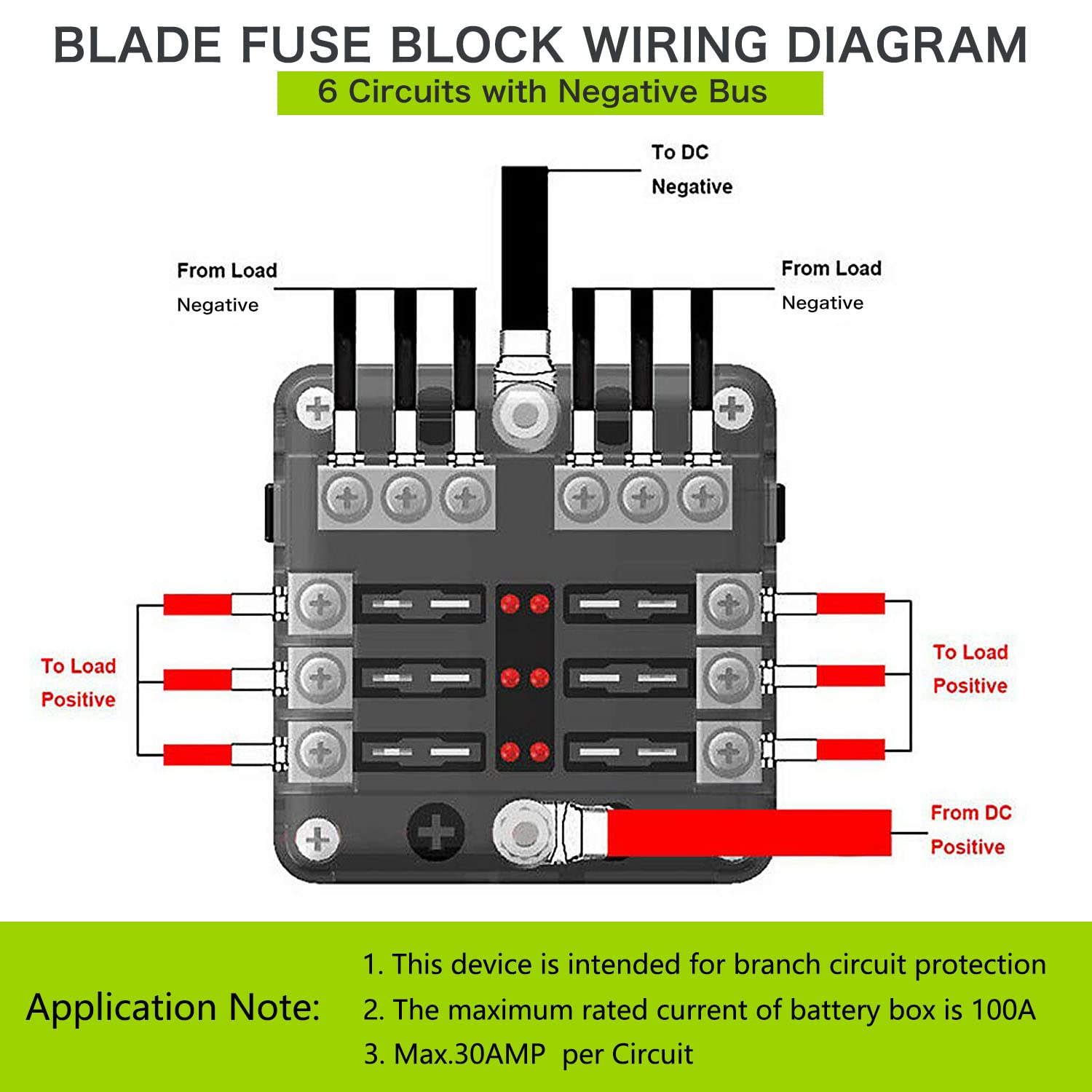 12 Volt Fuse Block, Waterproof 6 Way Fuse Box With 6 Ground Negative Busbar For Automotive[100 Amp Max] [Led Indicator] For Car Golf Cart Boat Marine Rv Dc 12-24V