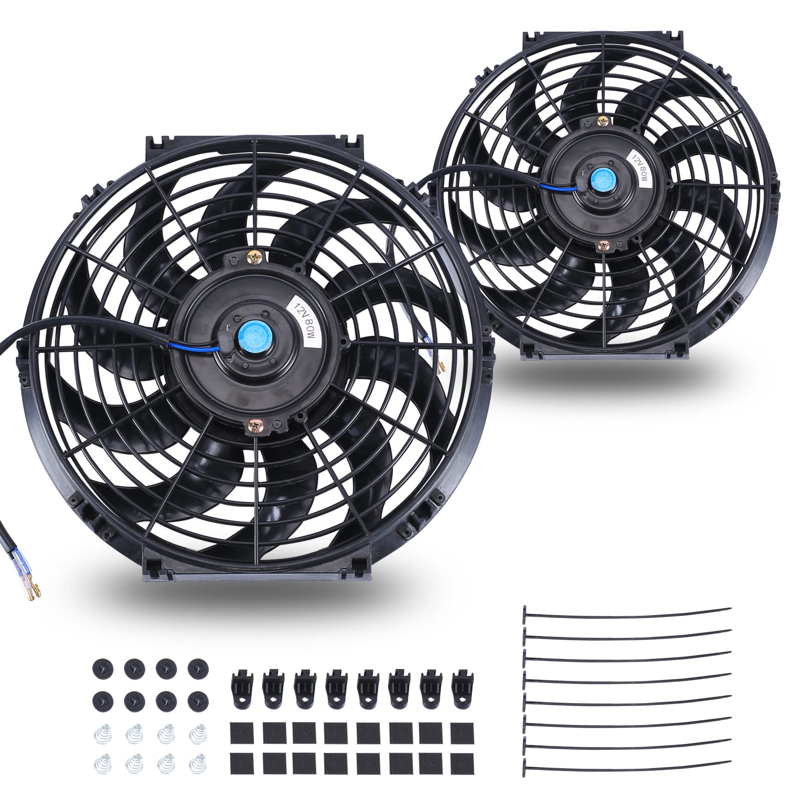 Fgjqefg 12 Inch Universal Slim Fan Push Pull Electric Radiator 12V 80W High Performance Cooling Fan Mount Kit Black 2 Pcs