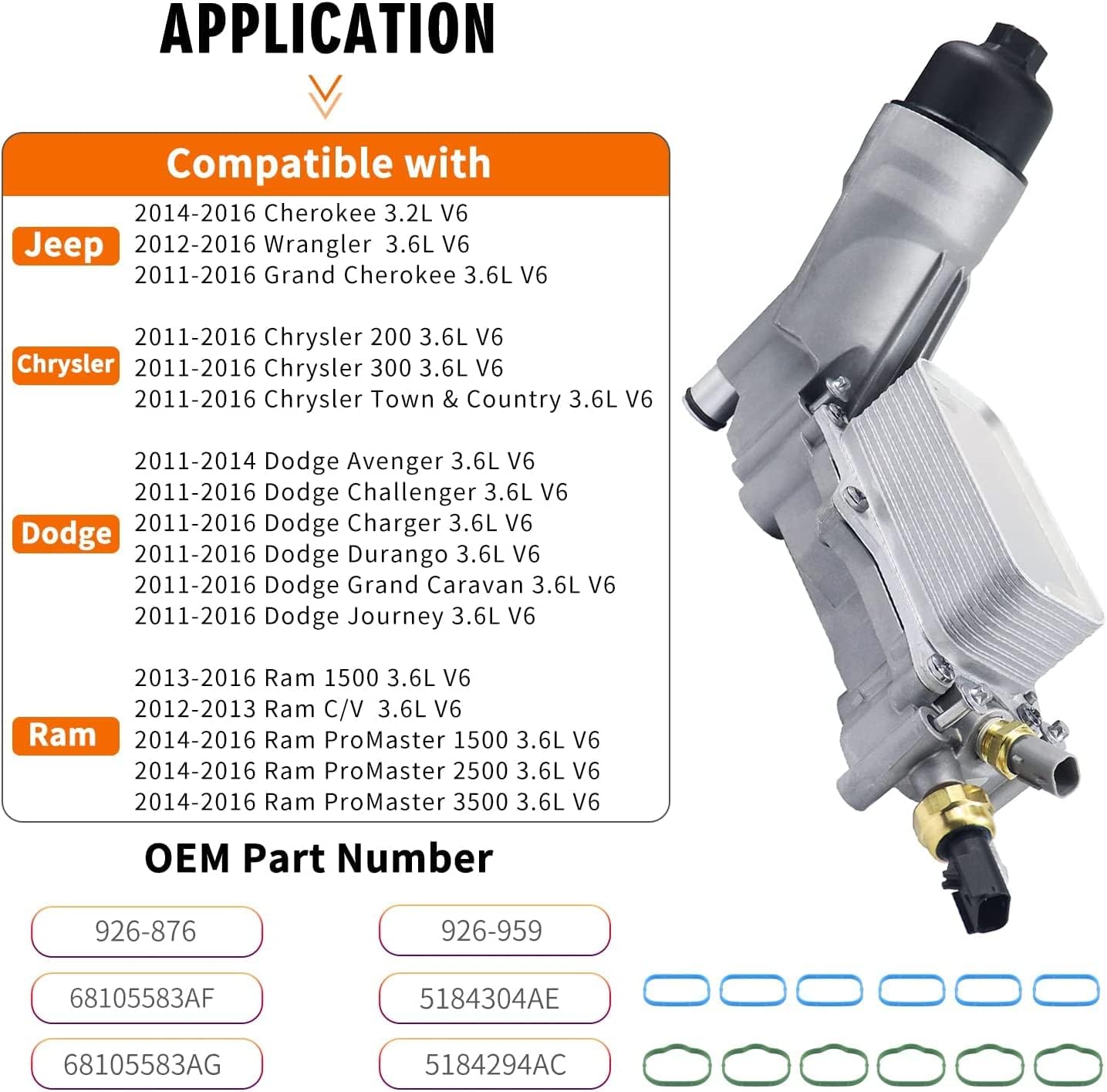 926-959 Engine Oil Filter Housing Oil Cooler Kit Fit For 3.6Ljeep Wrangler Grand Cherokee 3.6L Dodge Journey Charger Caravan Chr