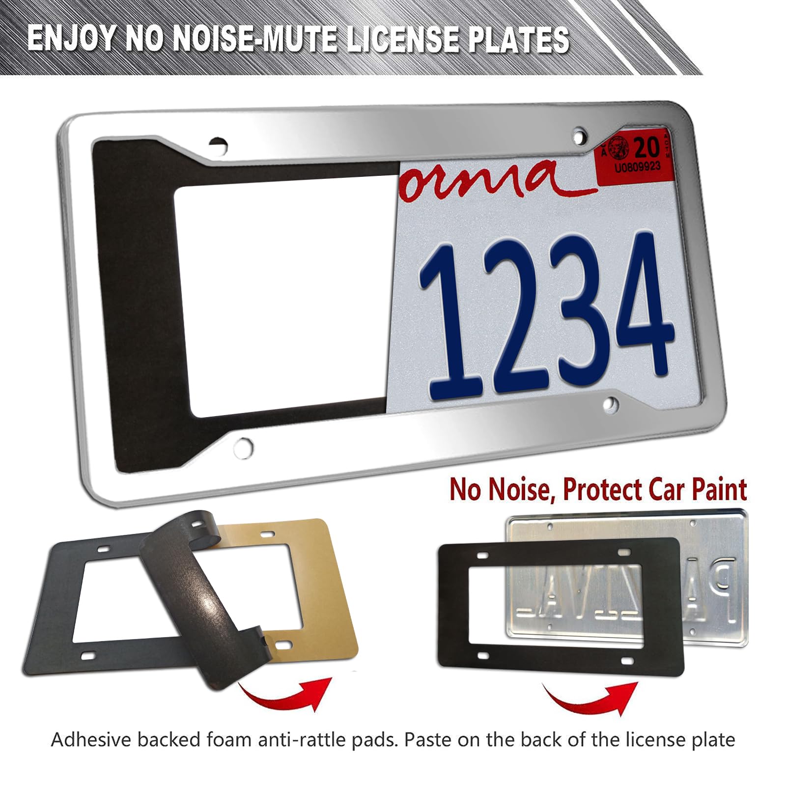 Aootf Stainless Steel License Plate Frames- Heavy Duty Polish Mirror Silver Car Tag Cover With Chrome Screw Caps, 4 Hole 2 Pack
