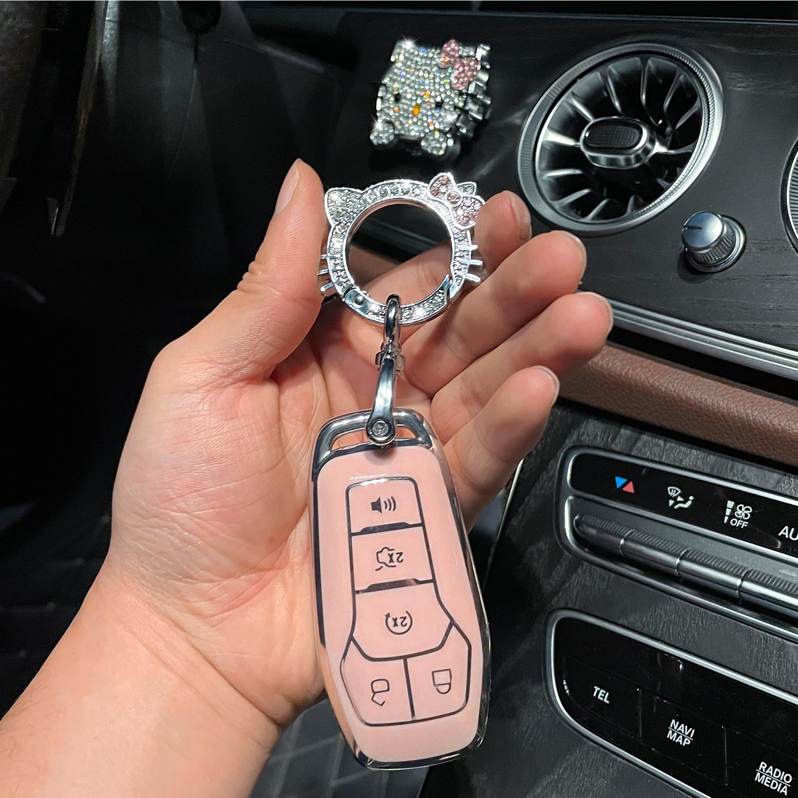 Pangpai Pink Car Accessories 3 Pcs For Ford F-150 Explorer Mustang Edge Lincoln Mkz Mkx Mkc Key Fob Cover With Bling Keychain Cu