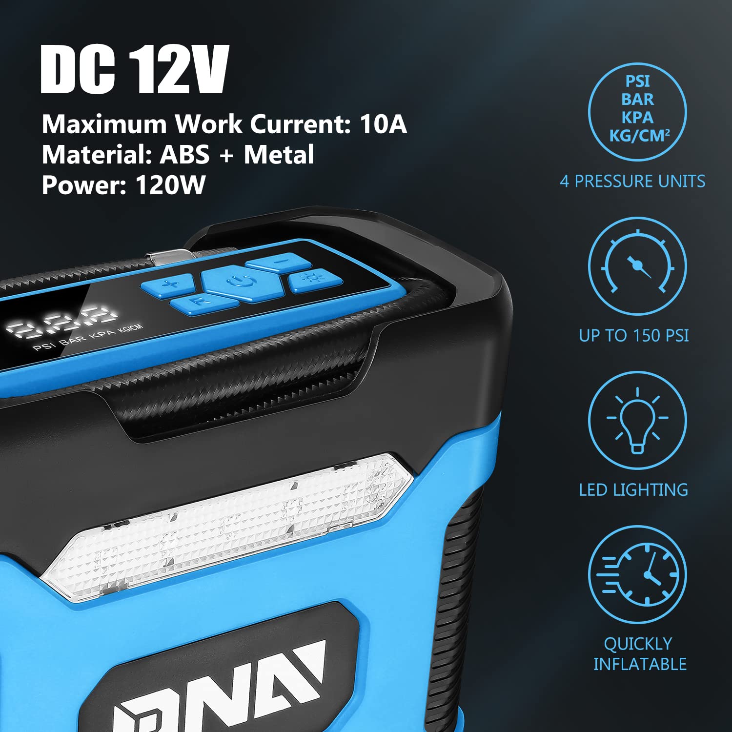 Dna Motoring Tools-00213 Blue 12V Dc Digital Tire Inflator Portable Air Compressor With Pressure Gauge For Cars, Bicycles, Motor