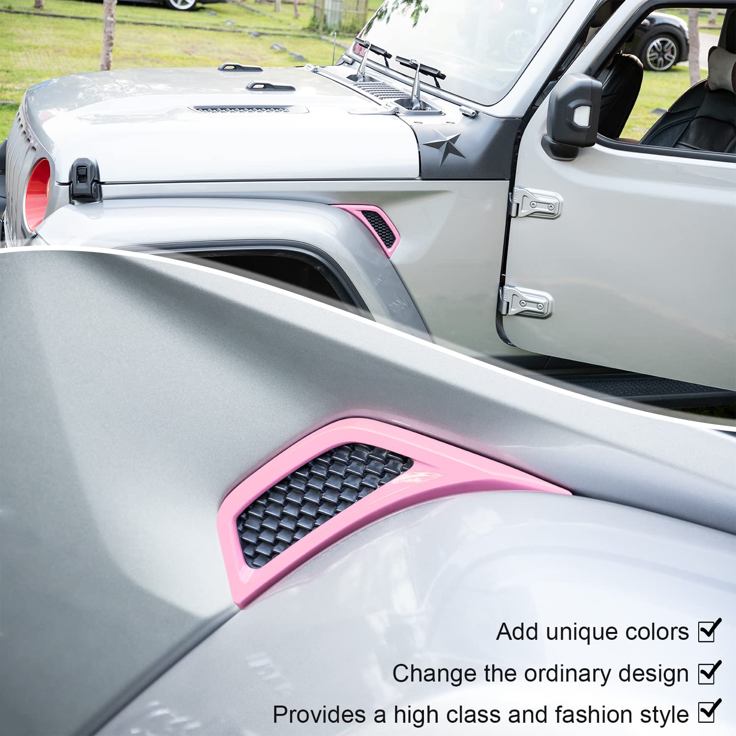 Bonbo 2Pcs Exterior Accessories Wheel Eyebrow Side Air Conditioning Vent Outlet Cover Trim For Jeep Wrangler Jl Jlu Sports Sahara Freedom Rubicon Unlimited Gladiator Jt 2018-2022 (Pink)