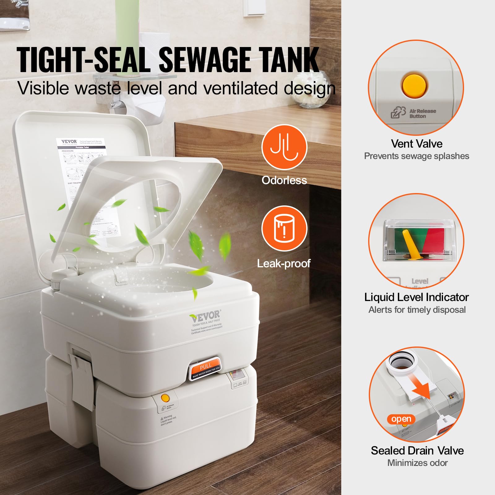 Vevor Portable Toilet For Camping, Rv Toilet With Carry Bag, 5.3 Gal Waste Tank & 3.2 Gal Flush Tank, Push-Button Pressurized Flush Commode, Leak-Proof And Odourless Travel Toilet For Camping Car