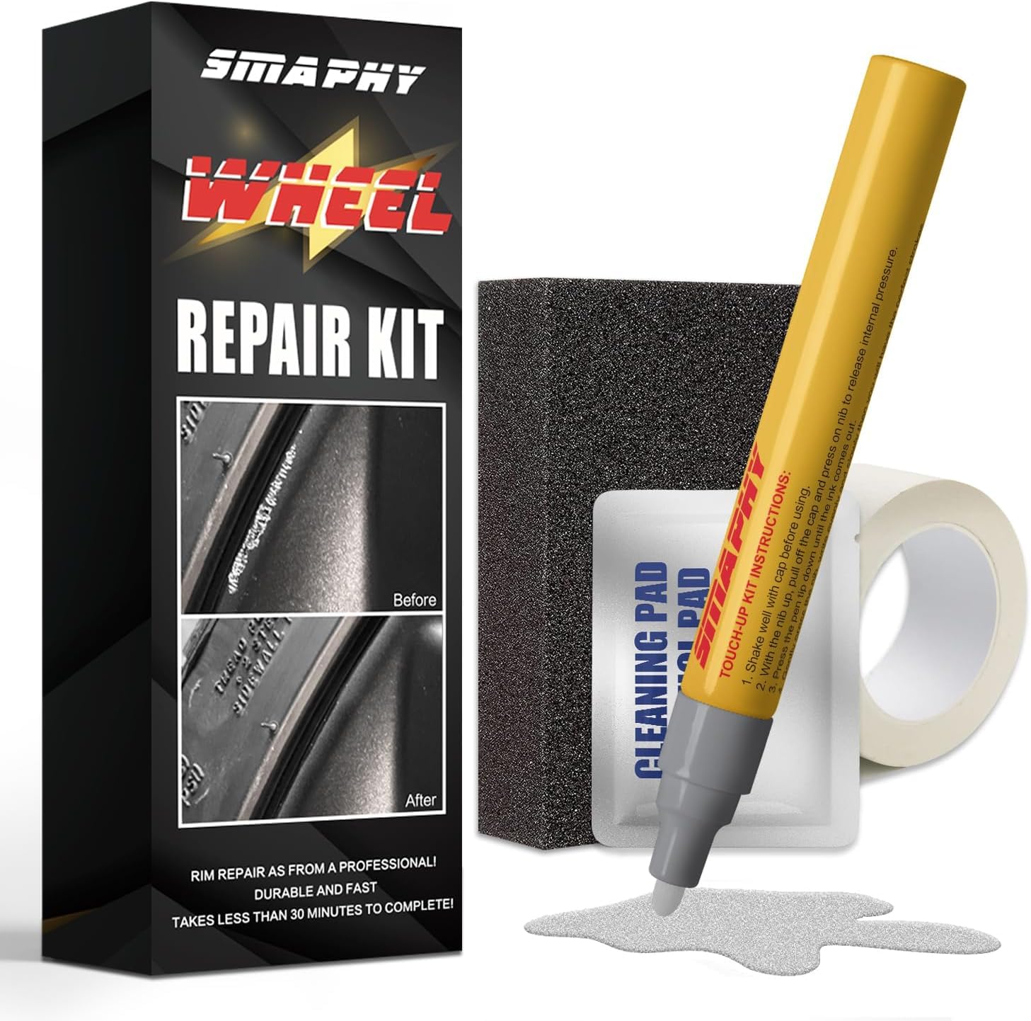 Smaphy Wheel Scratch Repair Kit, Silver Rim Touch Up Paint, Wheel Repair Kit Curb Rash Wheel Paint Rim Paint Pen For Wheel Repai