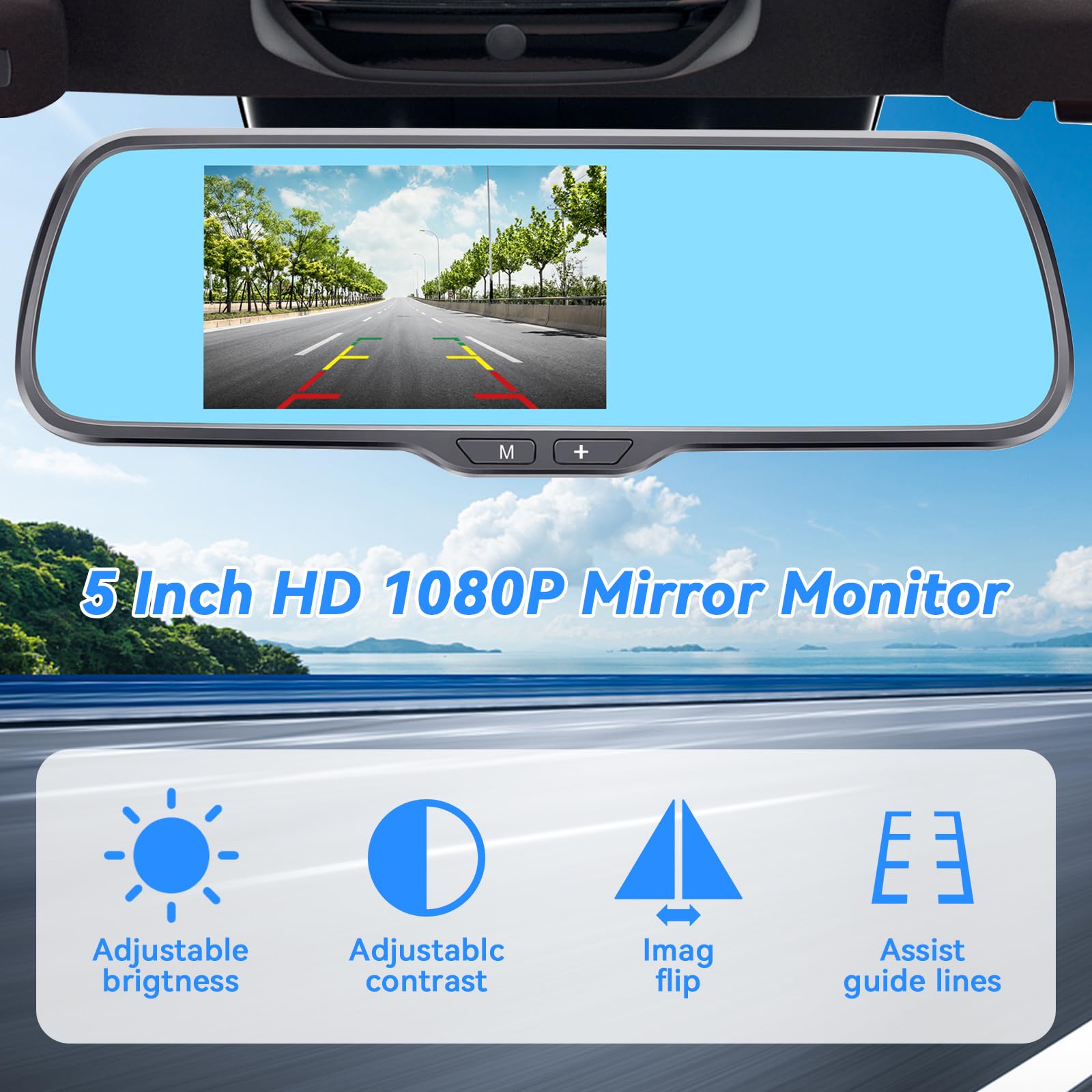 Rohent Backup Camera For Car Hd 1080P 5 Inch Monitor Rear View Mirror Camera System Easy Installation Waterproof Real Night Visi