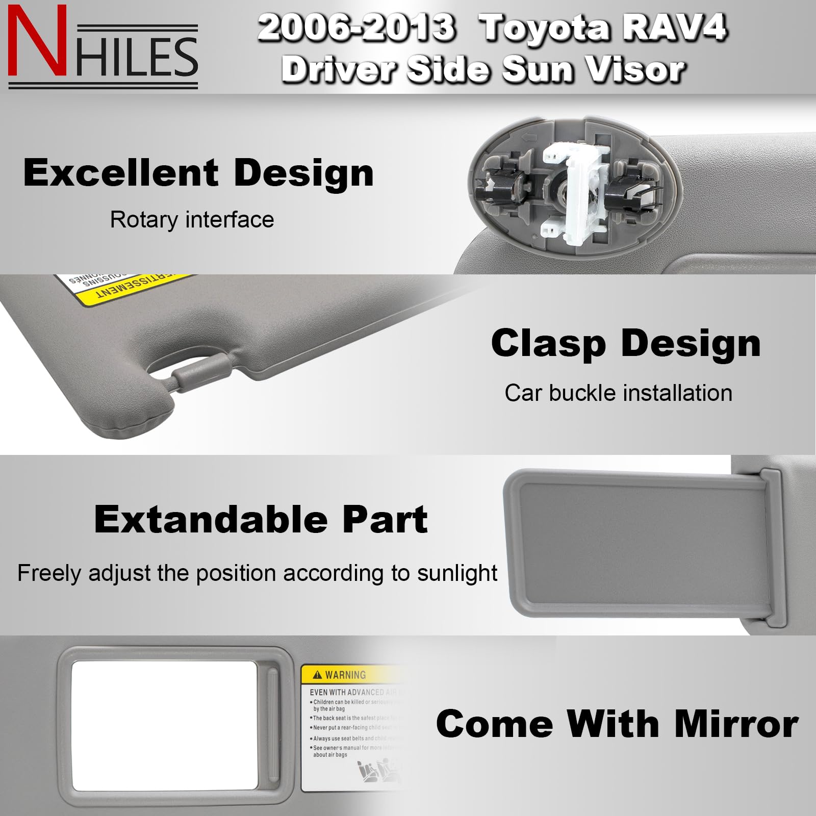 NHILES Left Driver Side Sun Visor Replacement Compatible with Toyota RAV4 2006 2007 2008 2009 2010 2011 2012 2013 with Light Rep