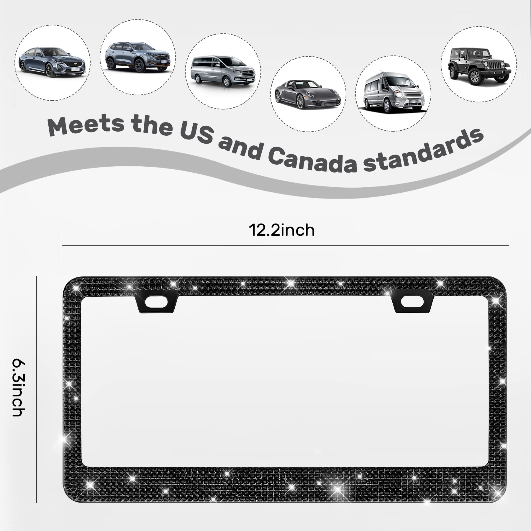 Quanqiufei 1 Pack Bling License Plate Frames, Sparkly Rhinestone Diamond Car License Plate Cover For Women, Stainless Steel Car