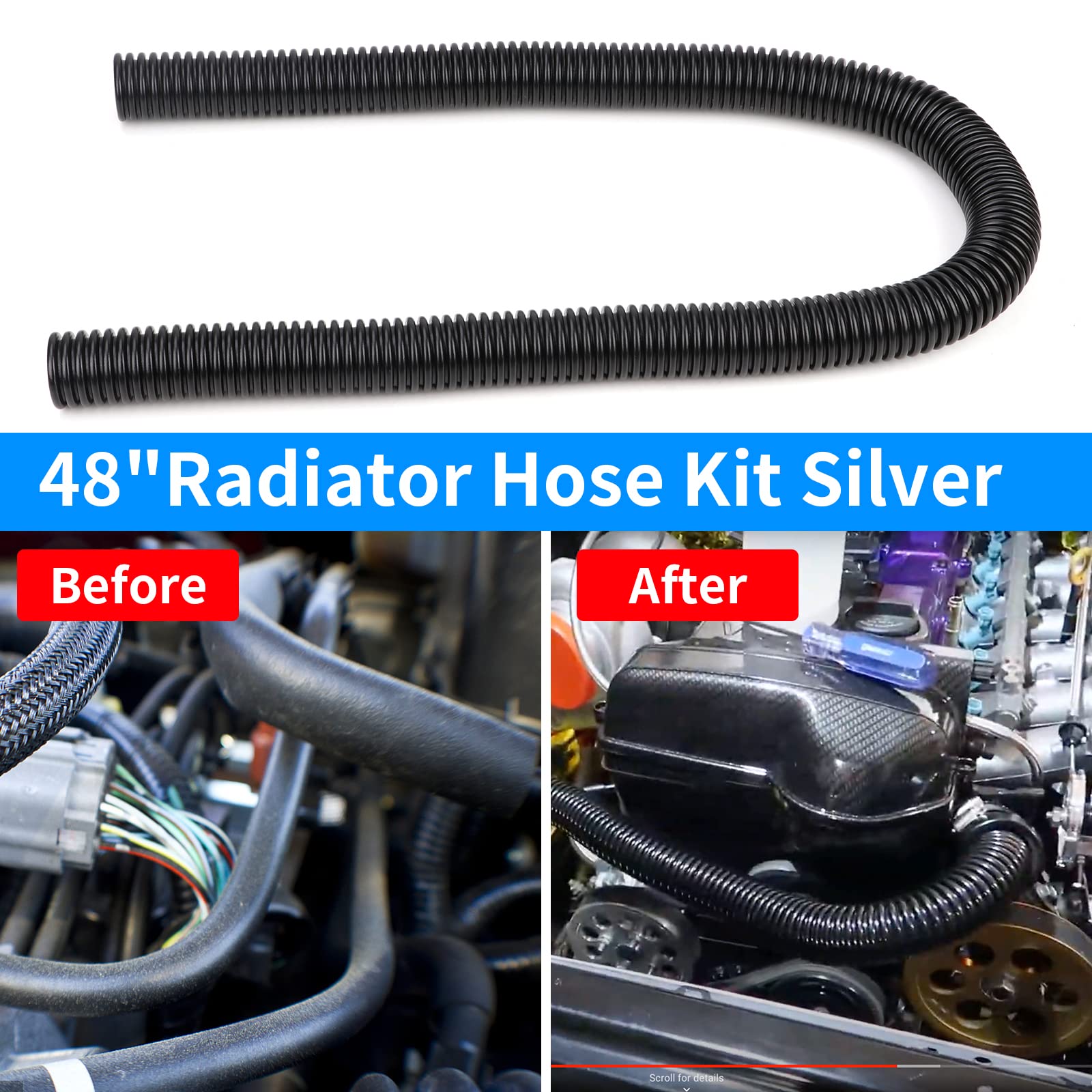 iRKY 48'' Flexible Radiator Hose Stainless Steel Universal Water Hoses Adapter Coolant Radiator Hose Kit With 4Pcs Chrome Caps (