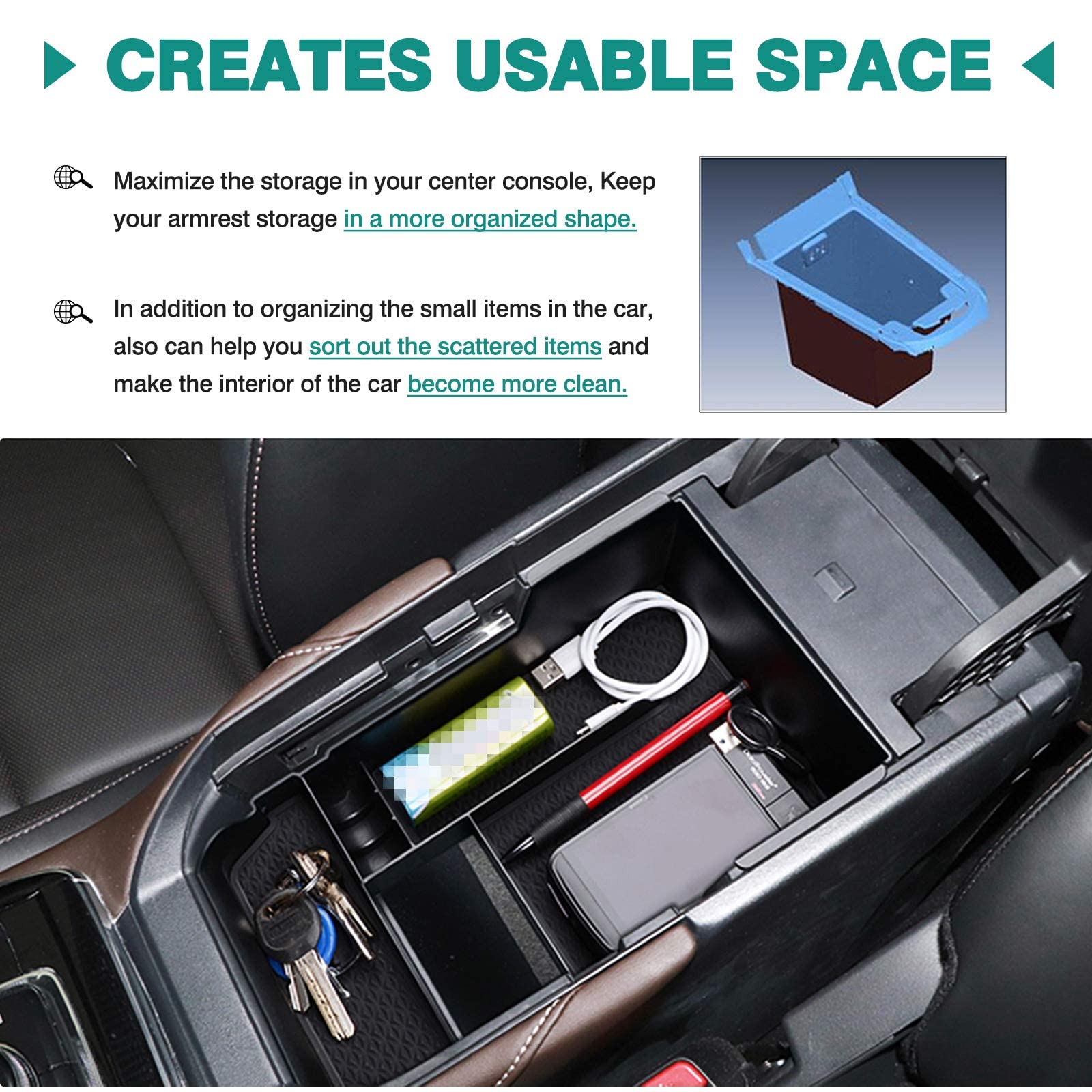 Autorder Center Console Organizer For Mazda Cx-30 Cx30 2020 2021 2022 2023 2024 2025 Accessories Armrest Storage Box Secondary Insert Tray With Black Anti-Slip Mat