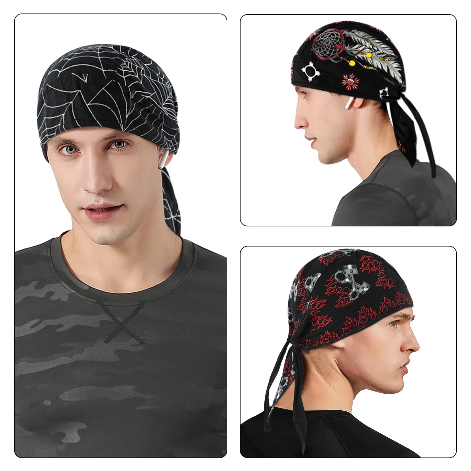 Docila Black Cotton Do Rags For Women Men Trendy Spider Feather Flame Skull Helmet Liner Beanie Hat Pirate Head Scarf Motorcycle