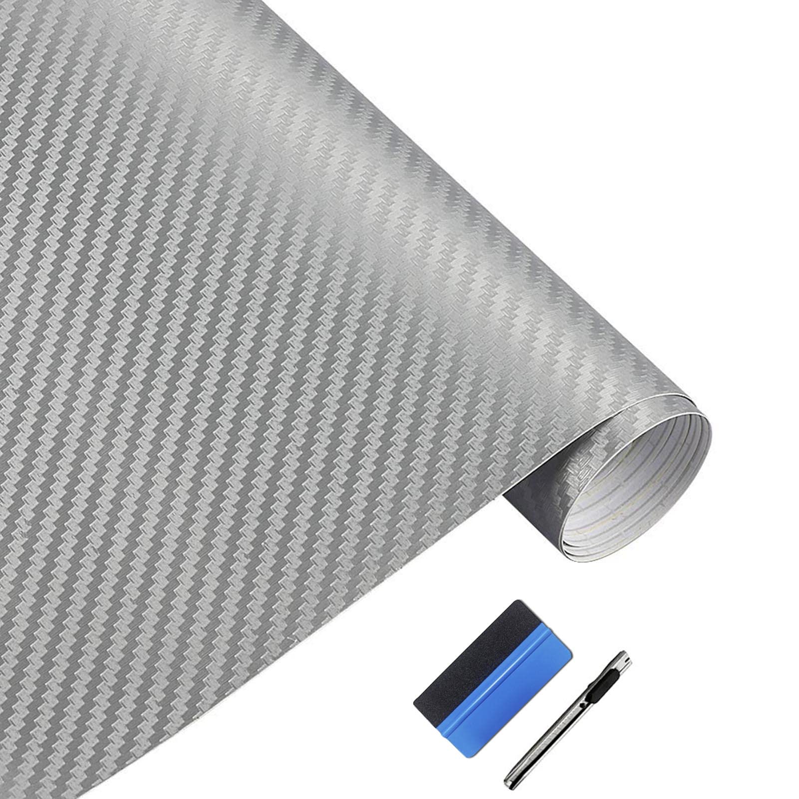 Lzlrun 3D Carbon Fiber Vinyl Wrap - Outdoor Rated For Automotive Use - 12 '' X 60 '' Knife + Hand Tool (Silver)