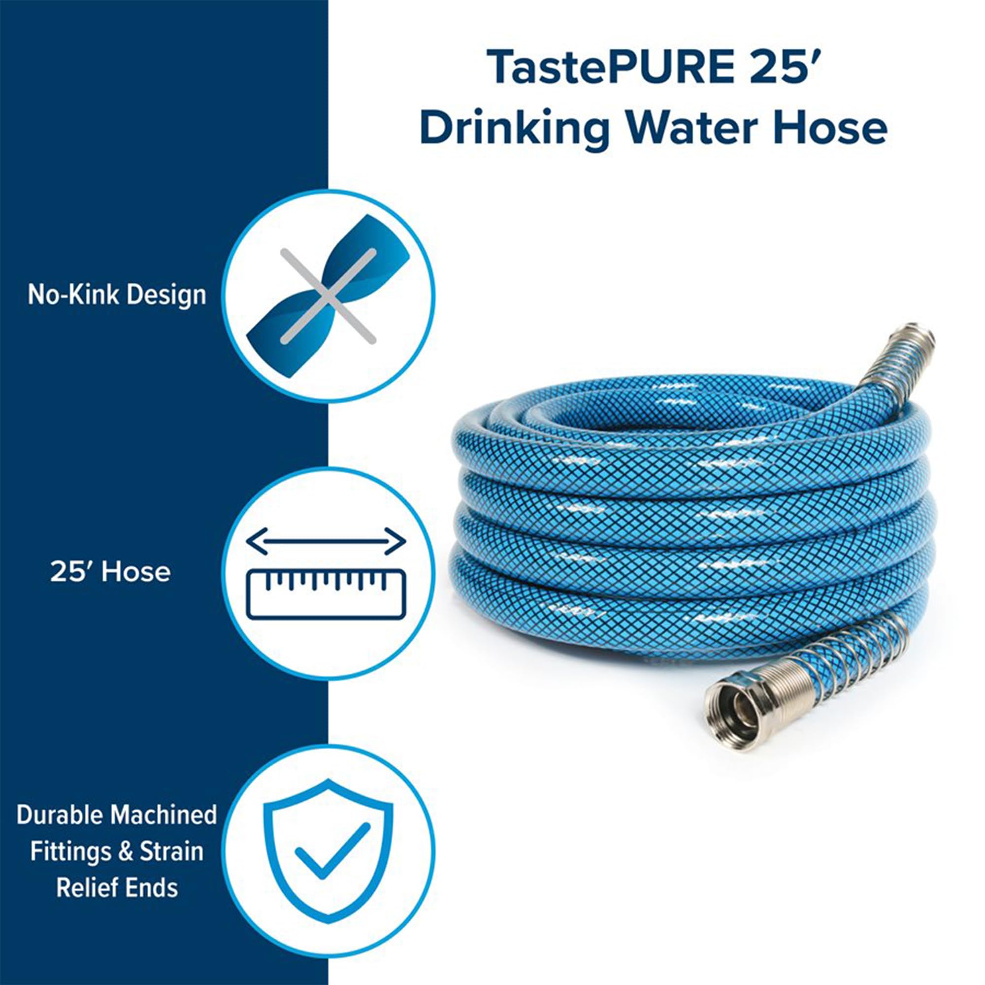 Camco TastePURE 25-Foot Premium Camper/RV Drinking Water Hose - Features a Heavy-Duty No-Kink Design with Strain Relief Ends & 5