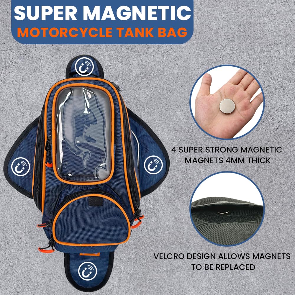 Reygeak Motorcycle Tank Bag,Waterproof, With Super Magnetic Thickened Magnet Blue Orange 1680D Pvc Petrol Tank Bag, Large Window