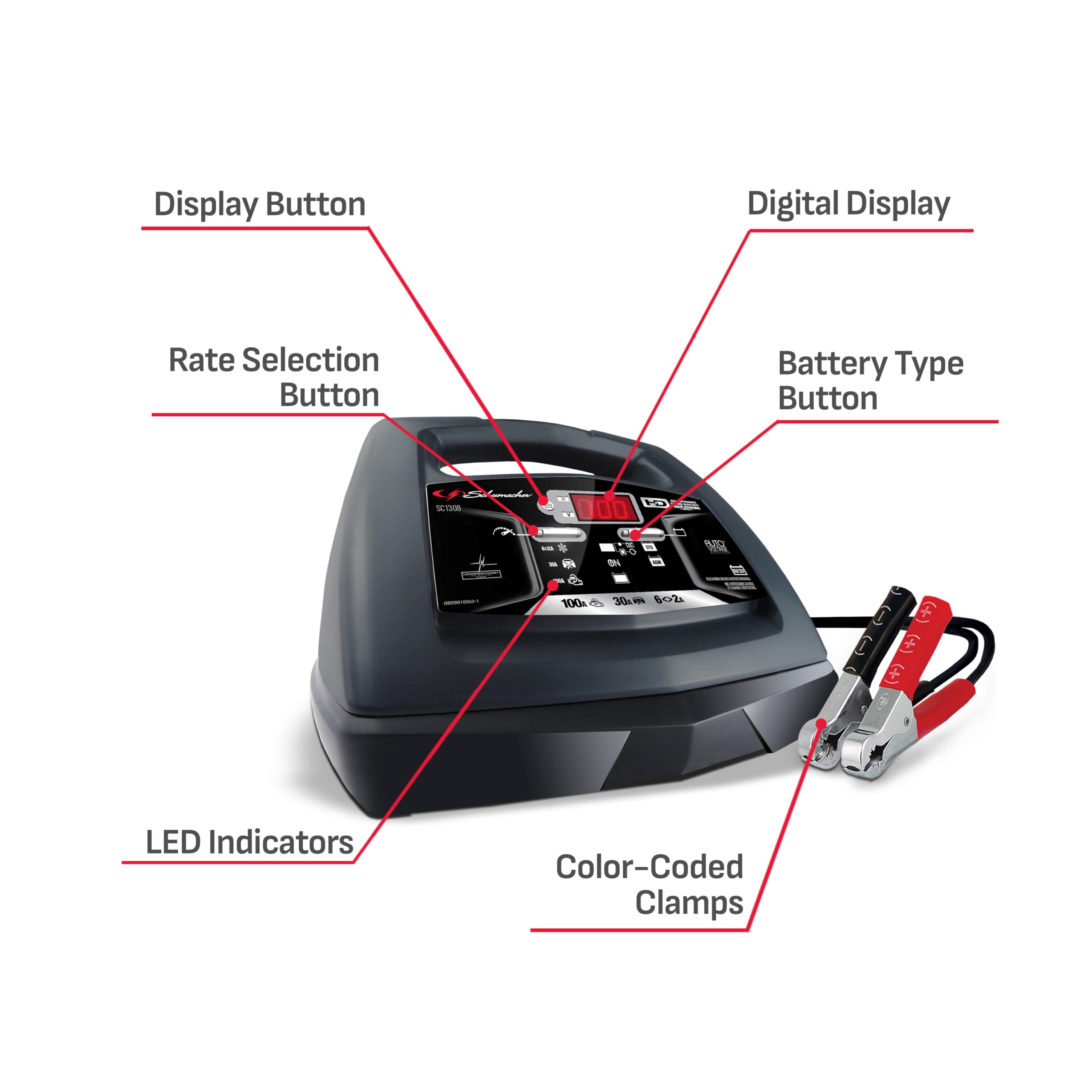 Schumacher Electric Fully Automatic Battery Charger Engine Starter, 6-in-1, SC1308-100 Cranking Amps, 6-Volt, 12-Volt, for Motorcycle, Power Sport, Lawn Tractor, Car, SUV, Truck & Marine Batteries