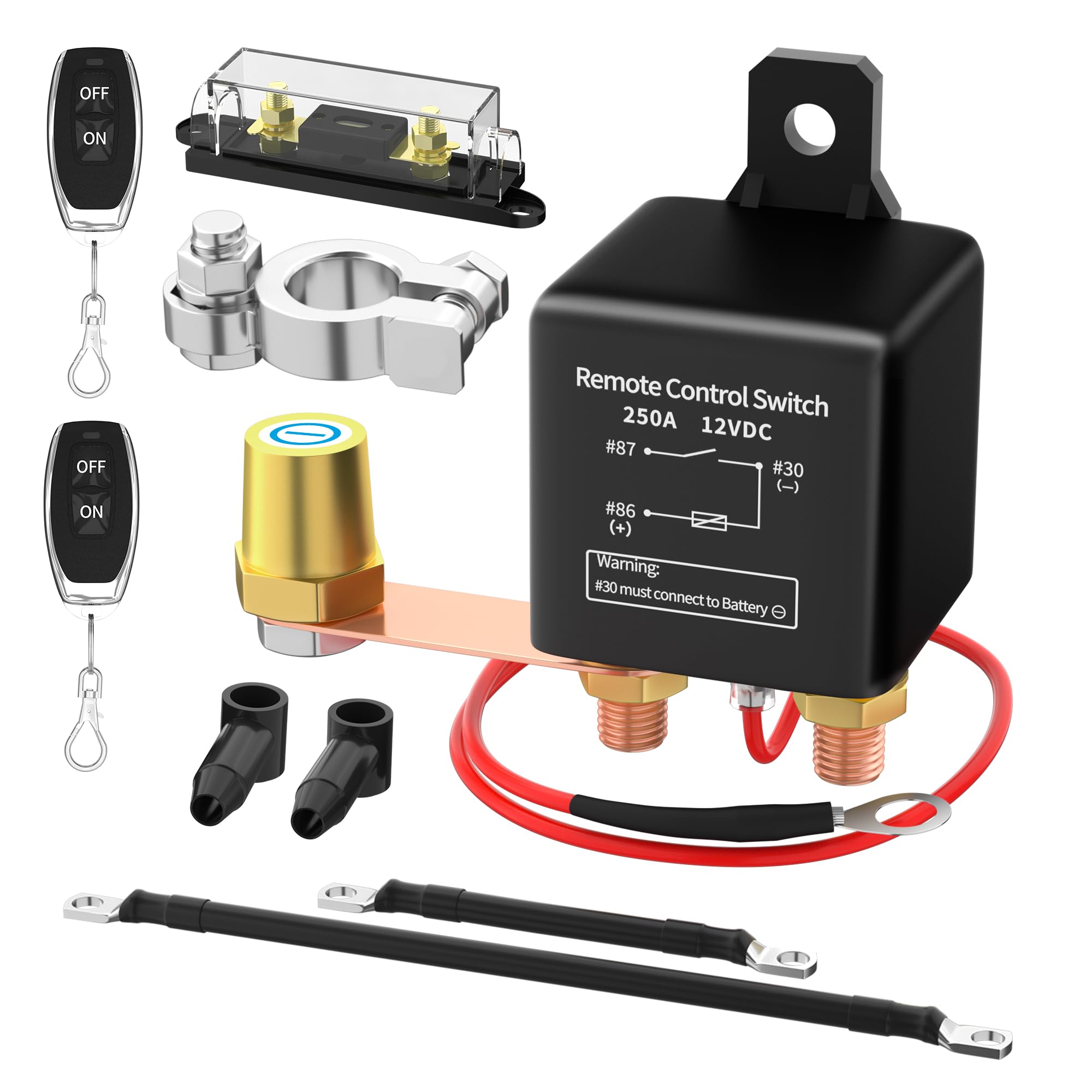 Joinfworld Kill Switch For Car 12V Remote Battery Disconnect Switch 250A Anti-Theft Remote Control Switch With Two Wireless Remo