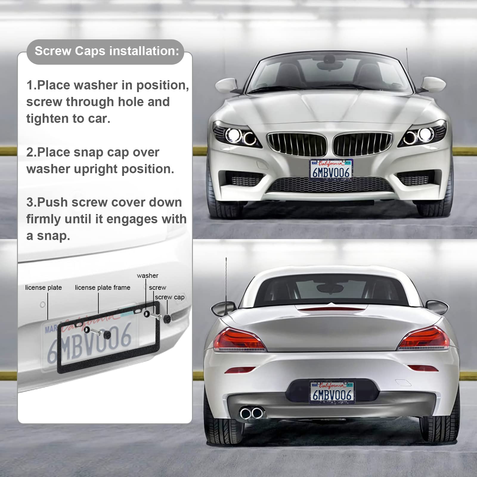 Quanqiufei 2 Pack Bling License Plate Frames For Women, Sparkly Rhinestone Diamond Car Accessories With Glitter Crystal Caps (Bl