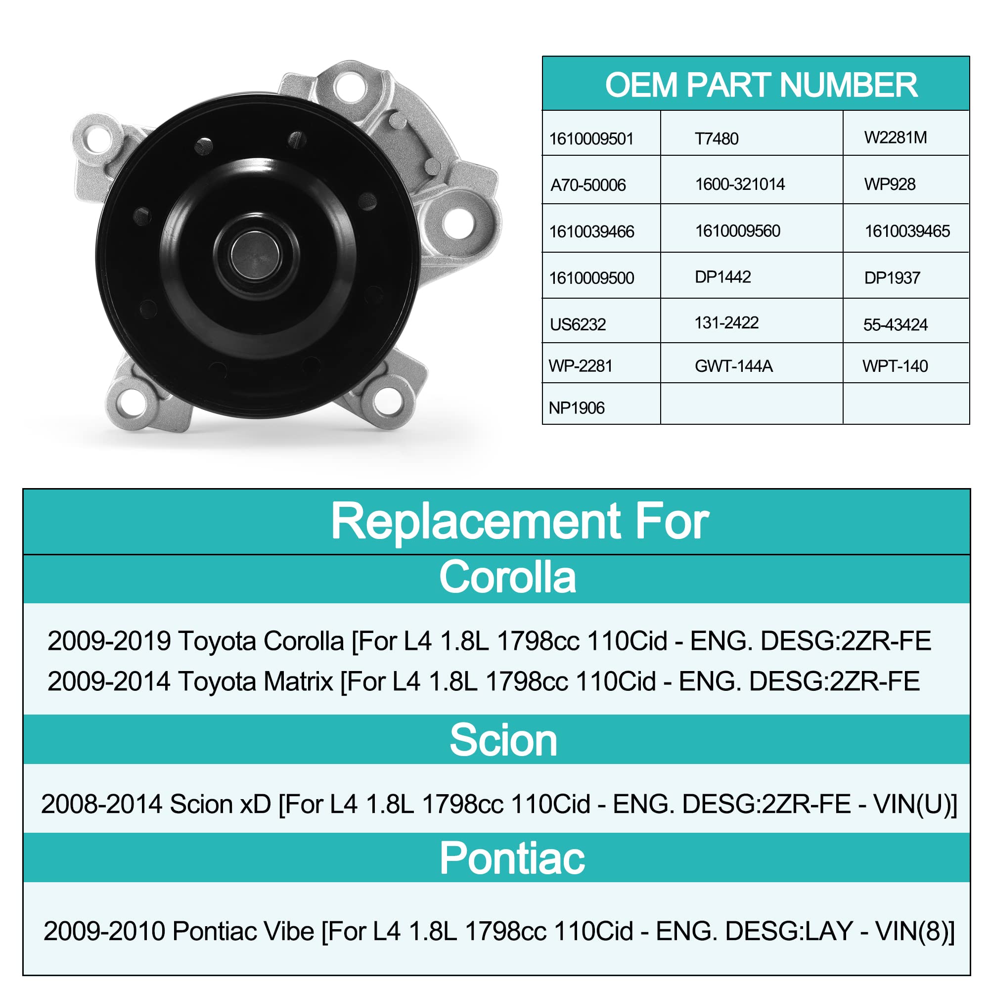 AULINK AW6351 Water Pump OE Replacement For (2ZR-FE Engine 1.8L) 2009-2019 Toyota Corolla,2009-2014 Matrix,2008-2014 Scion xD,09