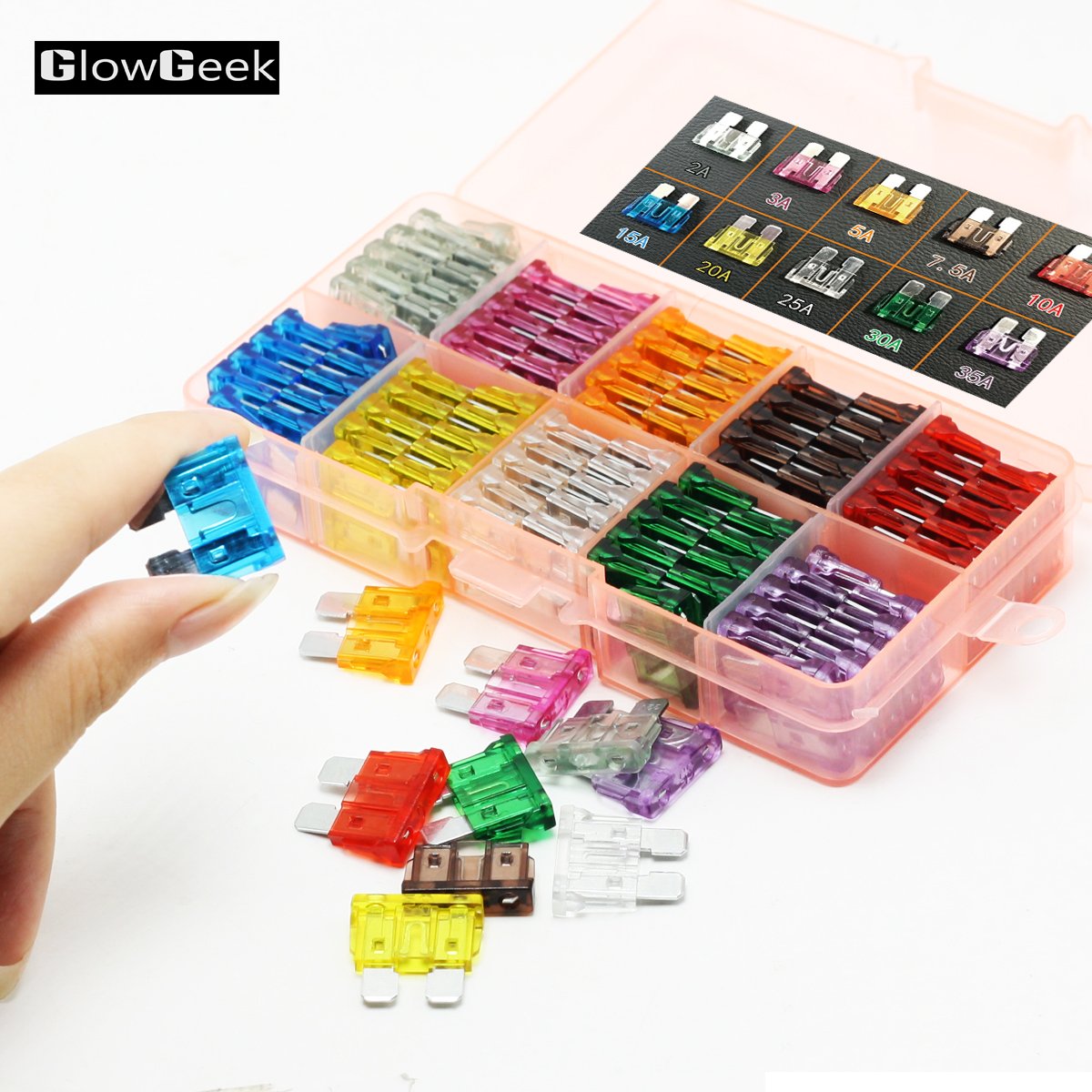 Glowgeek 100Pcs Assorted Auto Car Truck Standard Blade Fuse Assortment 2A 3A 5A 7.5 A 10A 15A 20A 25A 30A 35A Car Boat Truck Suv