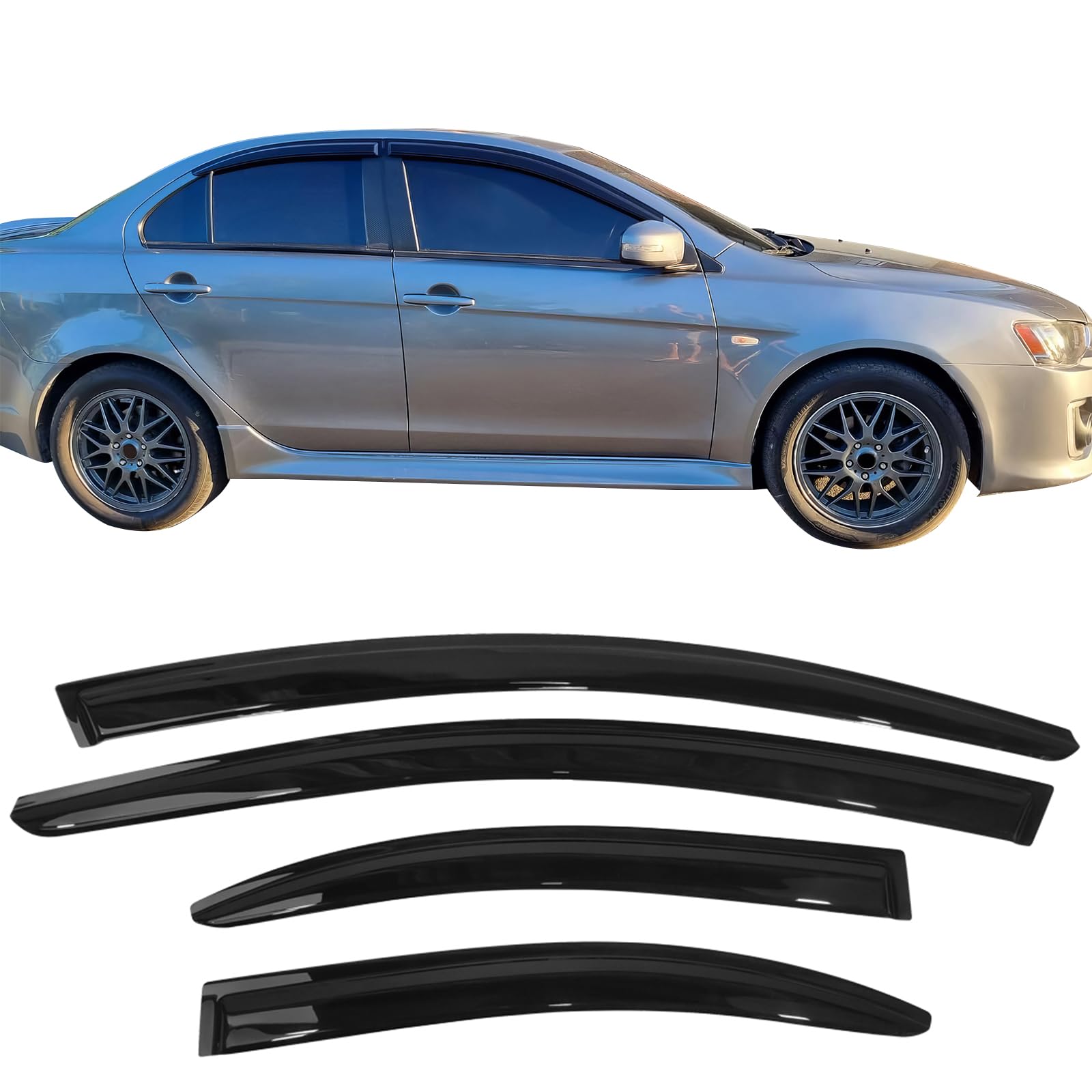 Window Visors Compatible with 2008-2017 Mitsubishi Lancer, Wind Deflector Rain Sun Guard Slim Style Tape On - Smoke Tint by IKON