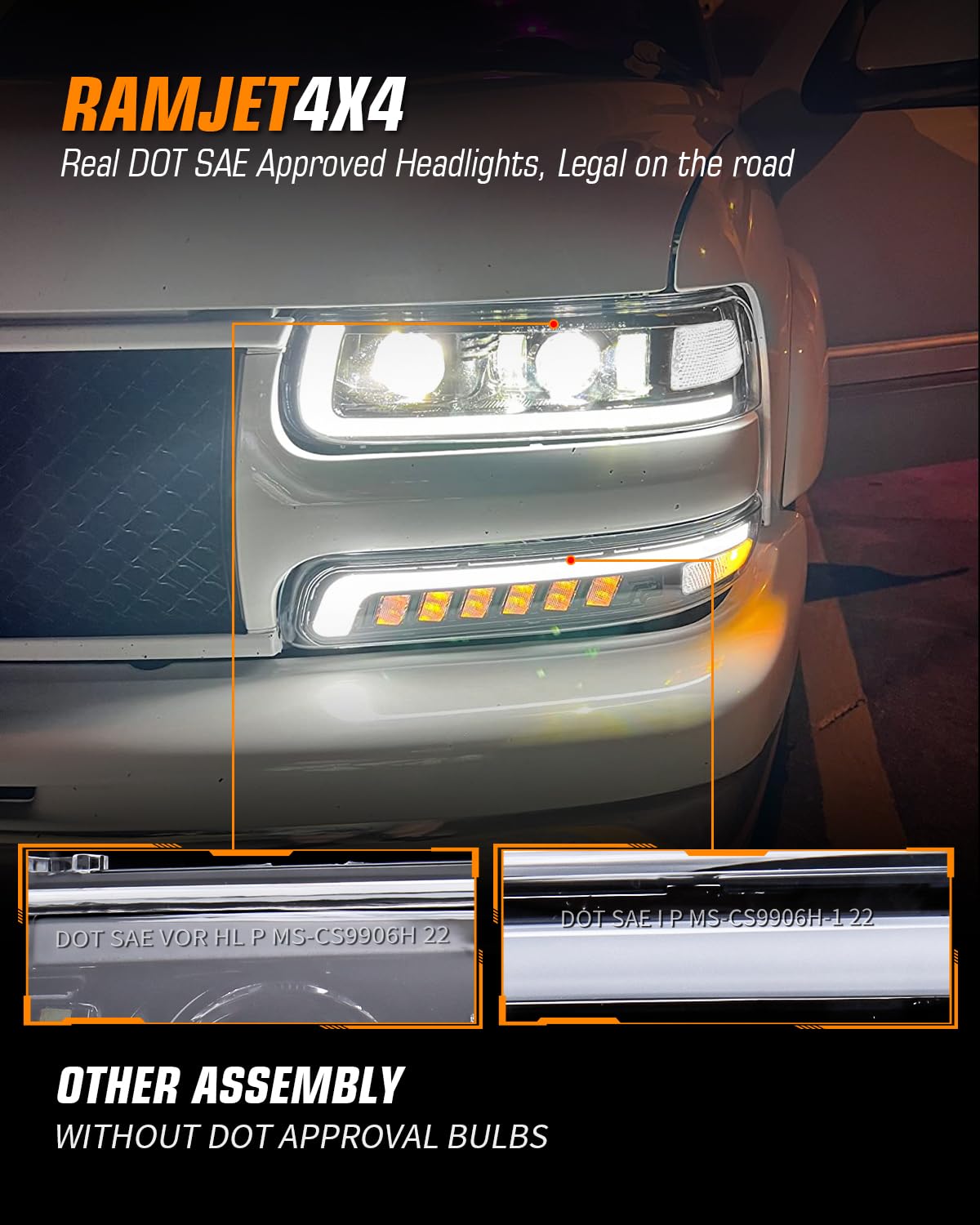 RAMJET4X4 LED Headlights Assembly Replacement for 1999-2002 Chevy Silverado & 2000-2006 Suburban/Tahoe, Hi/Low Beam, Black, Model RA