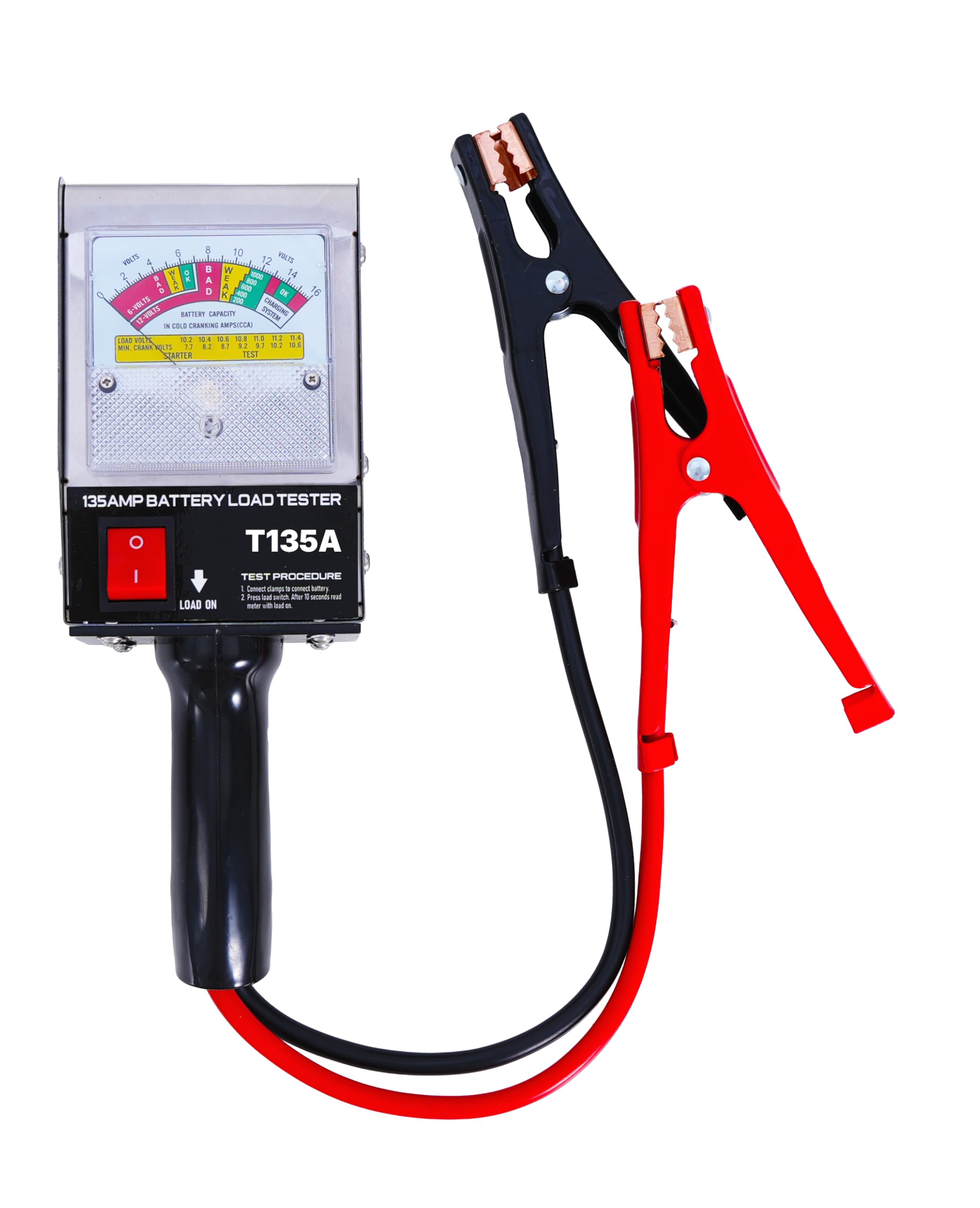 Professional 135 Amp Battery Load Tester, 6V 12V Automotive Charging System Analyzer with Easy-Read Gauge, Copper Jaw Clamps for