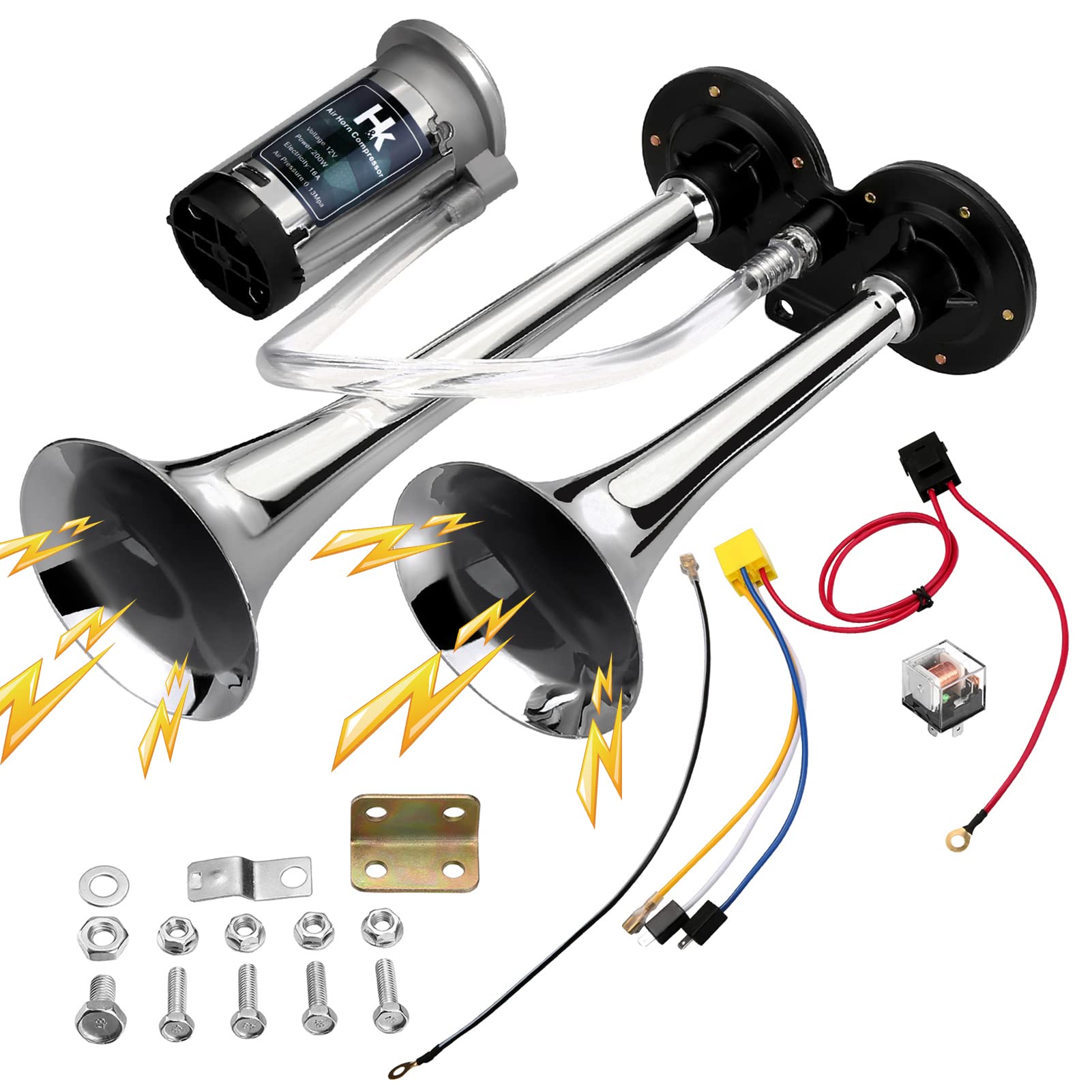 Hk 12V 150Db Air Horn Kit For Truck Car, Super Loud Train Horn For Truck, Dual Trumpet Air Horns With Compressor For Any 12V Veh