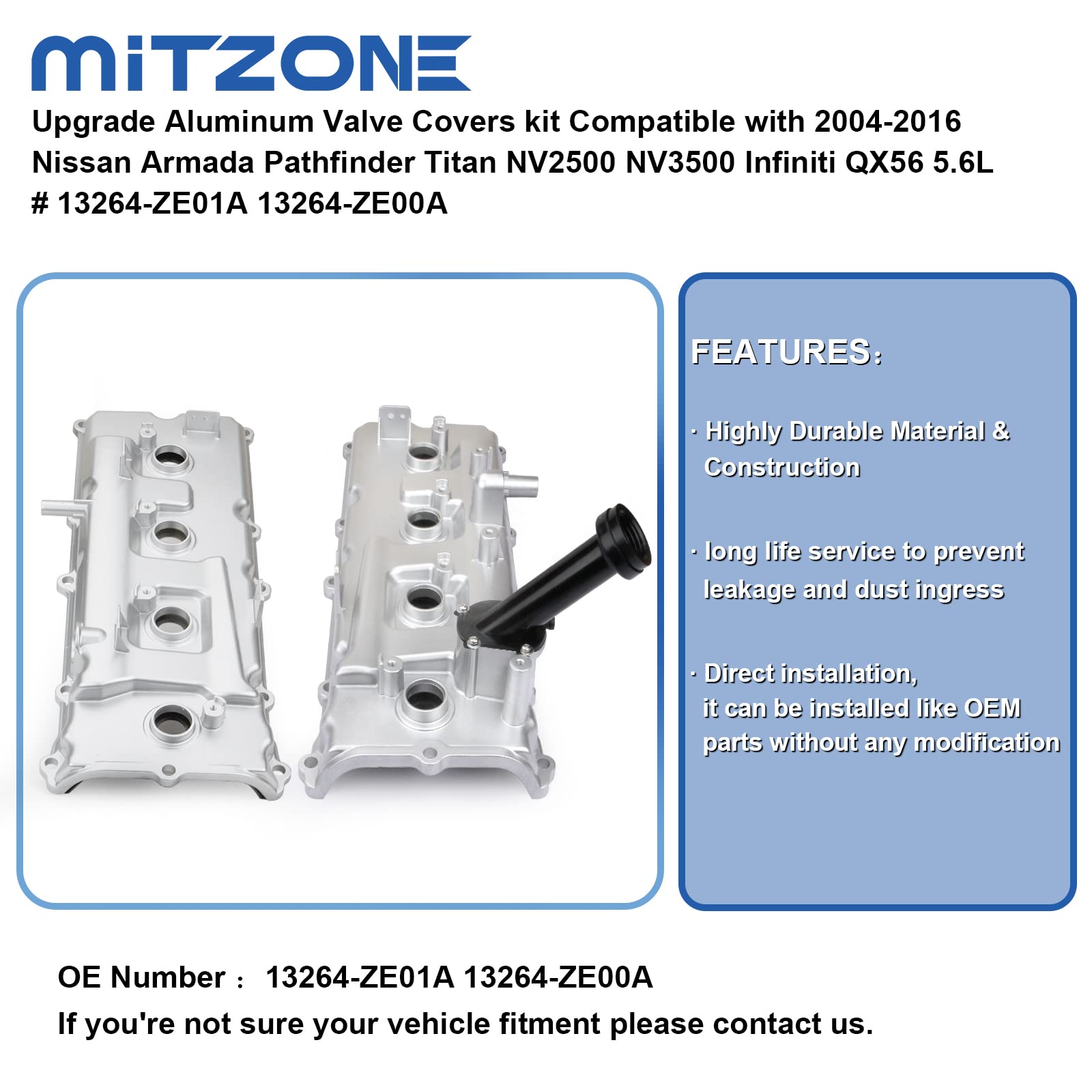 Mitzone Upgrade Aluminum Valve Covers Kit Compatible With 2004-2016 Nissan Armada Pathfinder Titan Nv2500 Nv3500 Infiniti Qx56 5.6L # 13264-Ze01A 13264-Ze00A