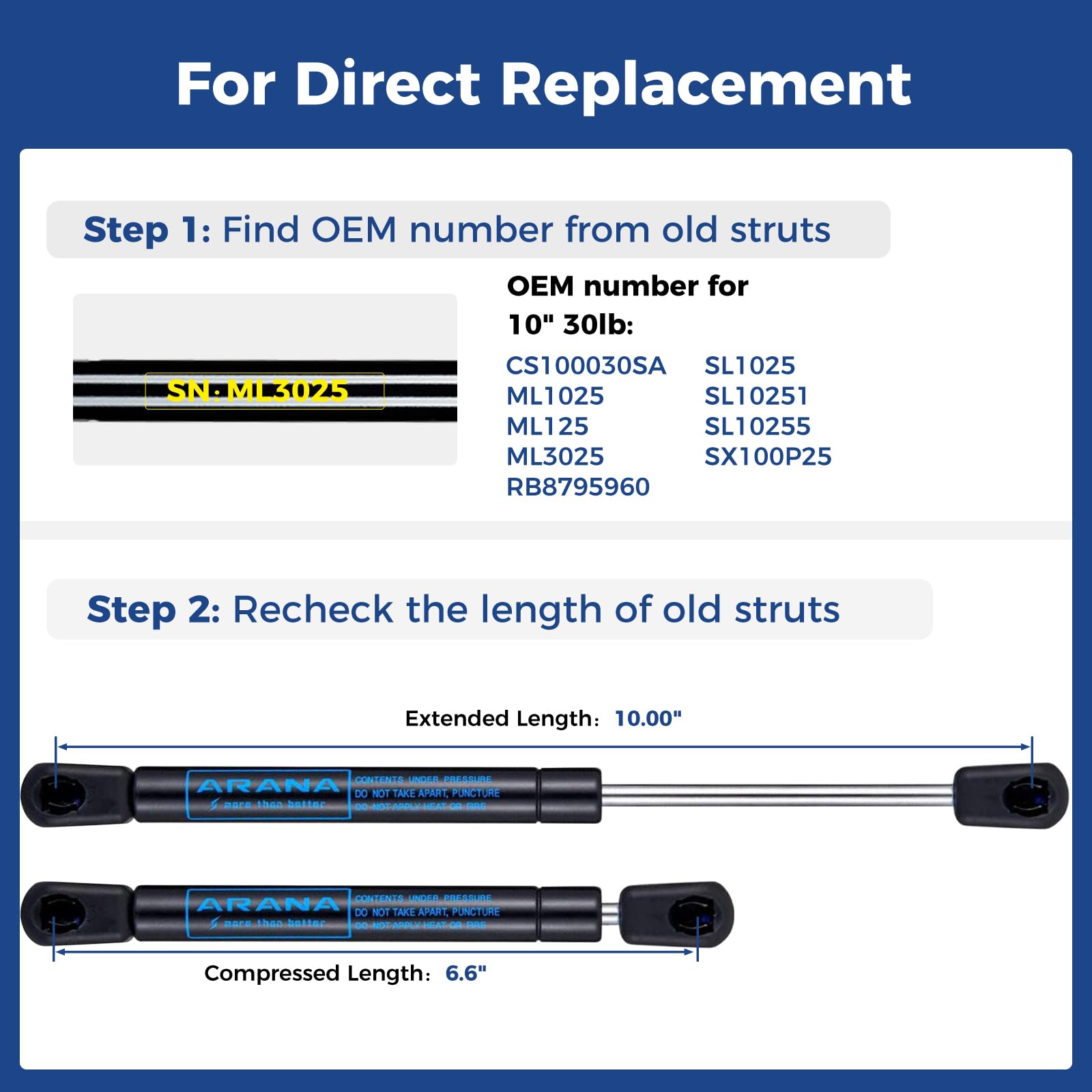 ARANA C16-18457 10 inch Gas Struts, 10 inch 30 Lb/133N Lift Support Props for Truck Tool Box Lid Leer Pickup Weatherguard Toolbo
