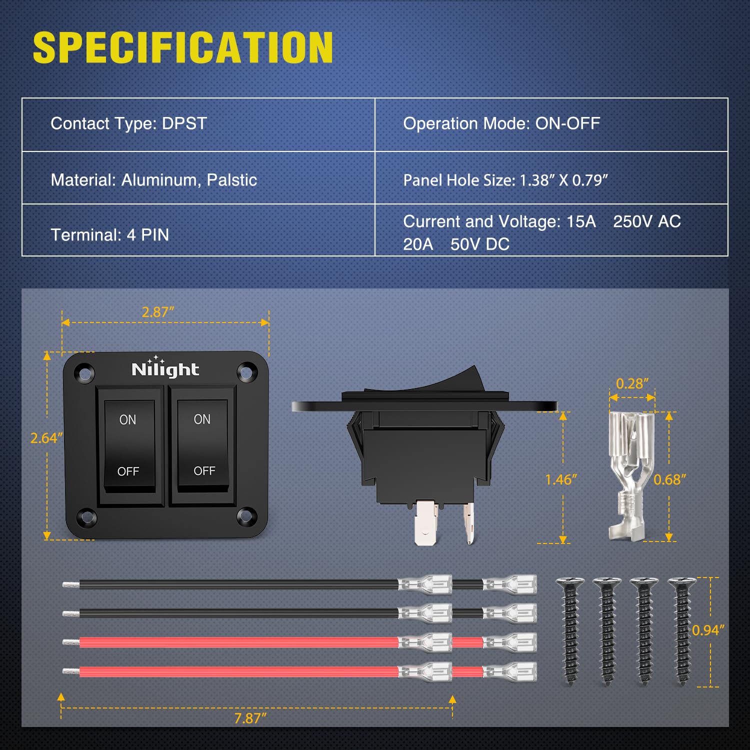 Nilight 2 Gang On-Off Switch Panel 4 Pin Dpst Toggle Switches 12V 20A Black Anodized Aluminium Shell Bracket With Screws Ternima