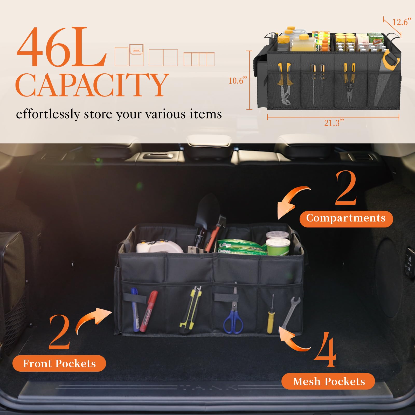 Hotor Trunk Organizer For Car - Car Organizer, Foldable Trunk Organizer For Suvs & Sedans, Sturdy Car Organization For Car Acces