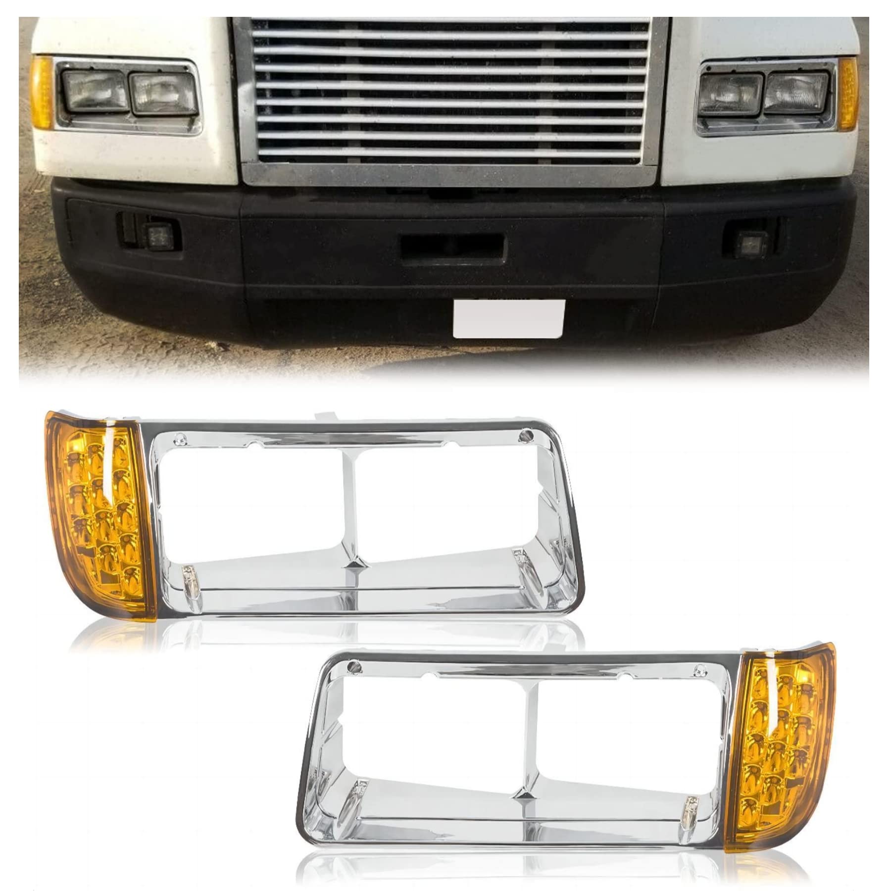 Hecasa Headlight Bezel W/Led Compatible With 1989-2002 Freightliner Fld120 Turn Signal Light Lamp 3 Wires Replacement For A06-20738-000 A06-20738-001