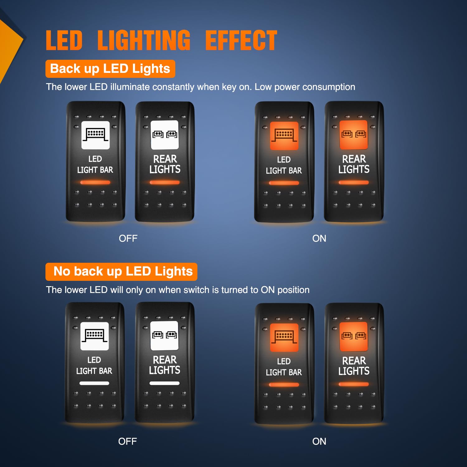 Nilight 2 Pack Utv Rear Lights Switch Led Light Bar On Off 5 Pin Spst Switches With Orange Backlit 12V 24V Toggle Jumper Wires S