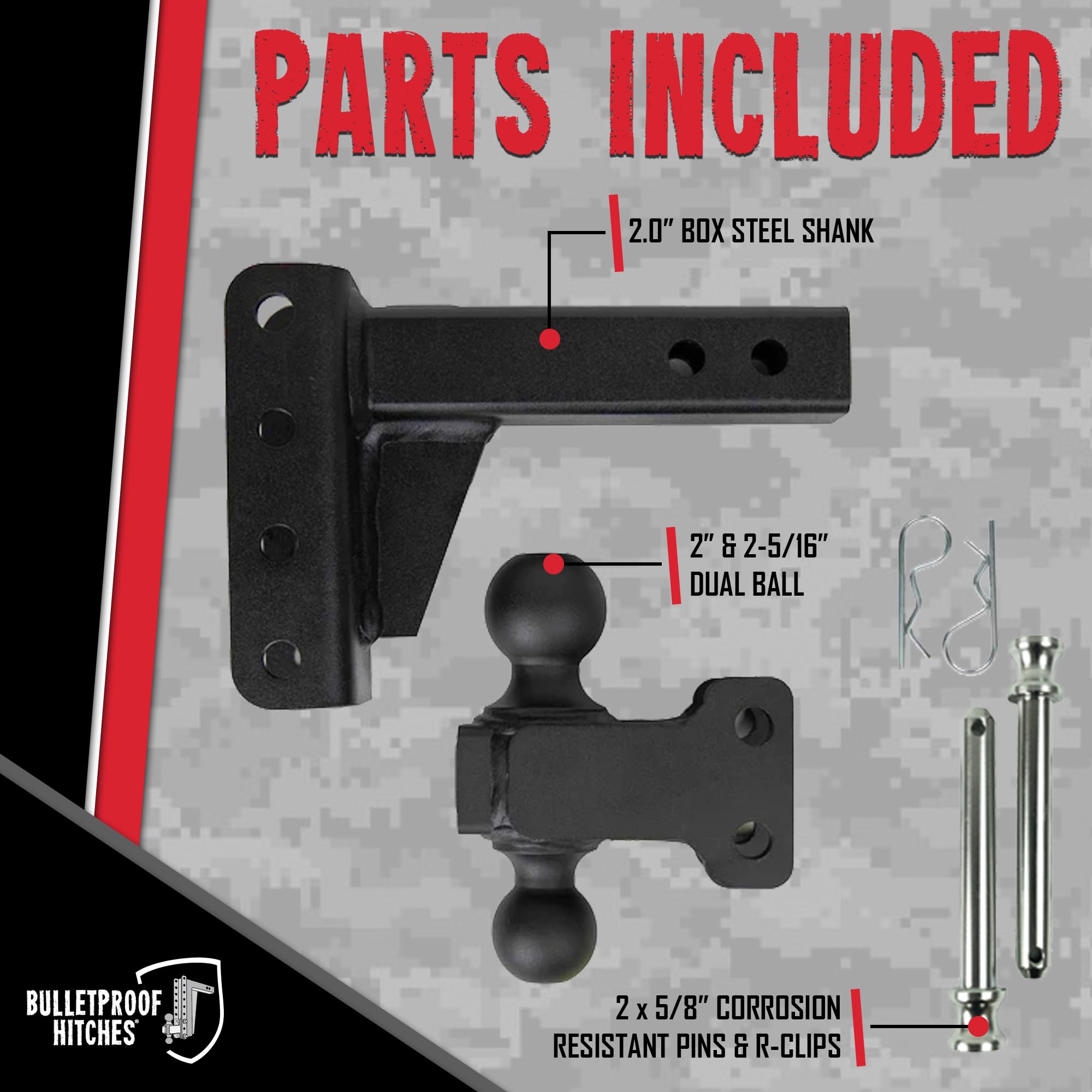 Bulletproof Hitches - 2.0'' Adjustable Medium Duty Trailer Hitch (14,000 Lb. Rating) - 2'' Drop/Rise Trailer Hitch With 2'' & 2-