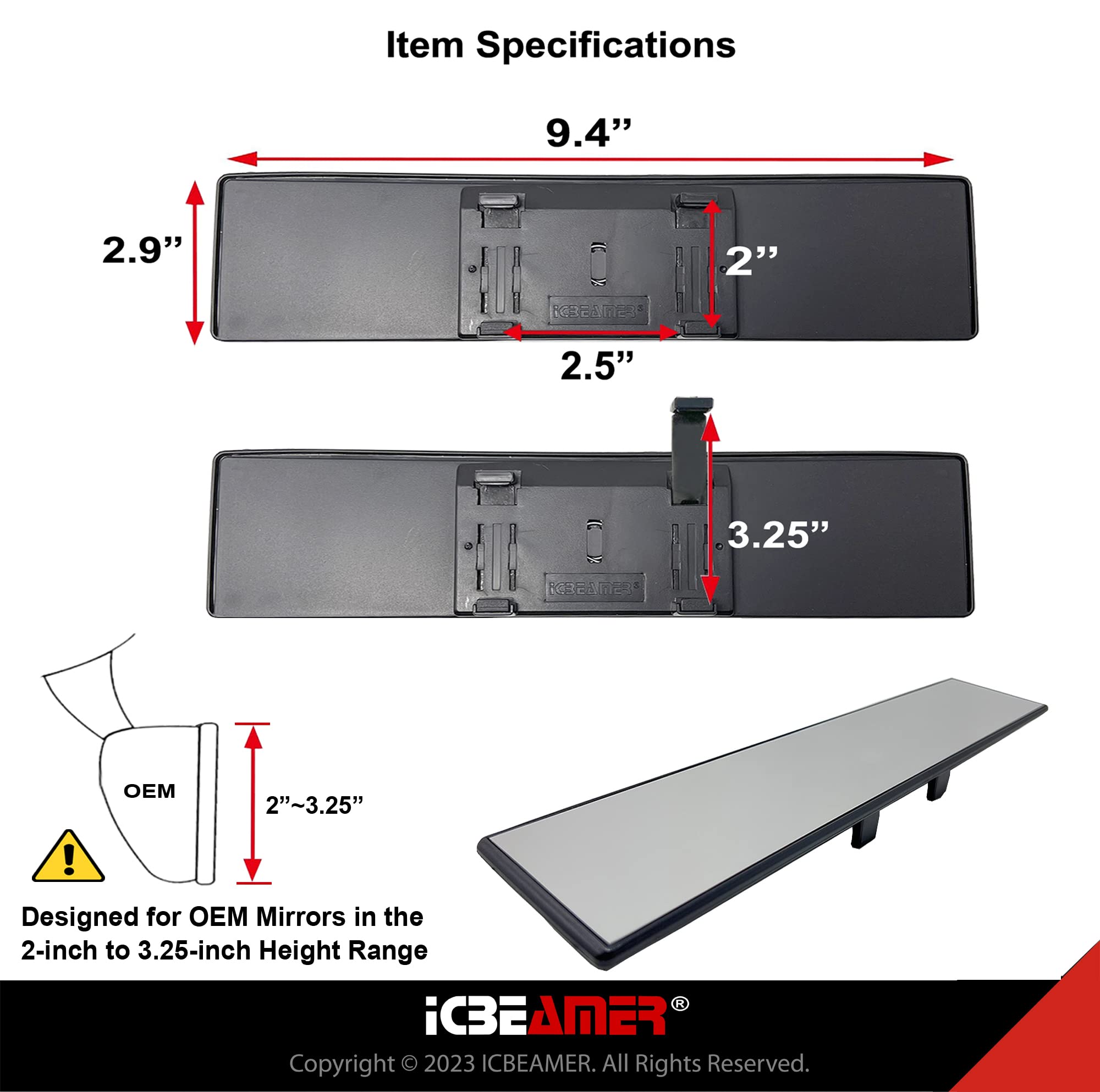 Icbeamer 9.5'' 240Mm Auto Rear View Mirror, Clear Flat Surface, Panoramic Wide Angle, Blind Spot Mirror Accessories For Car, Rub