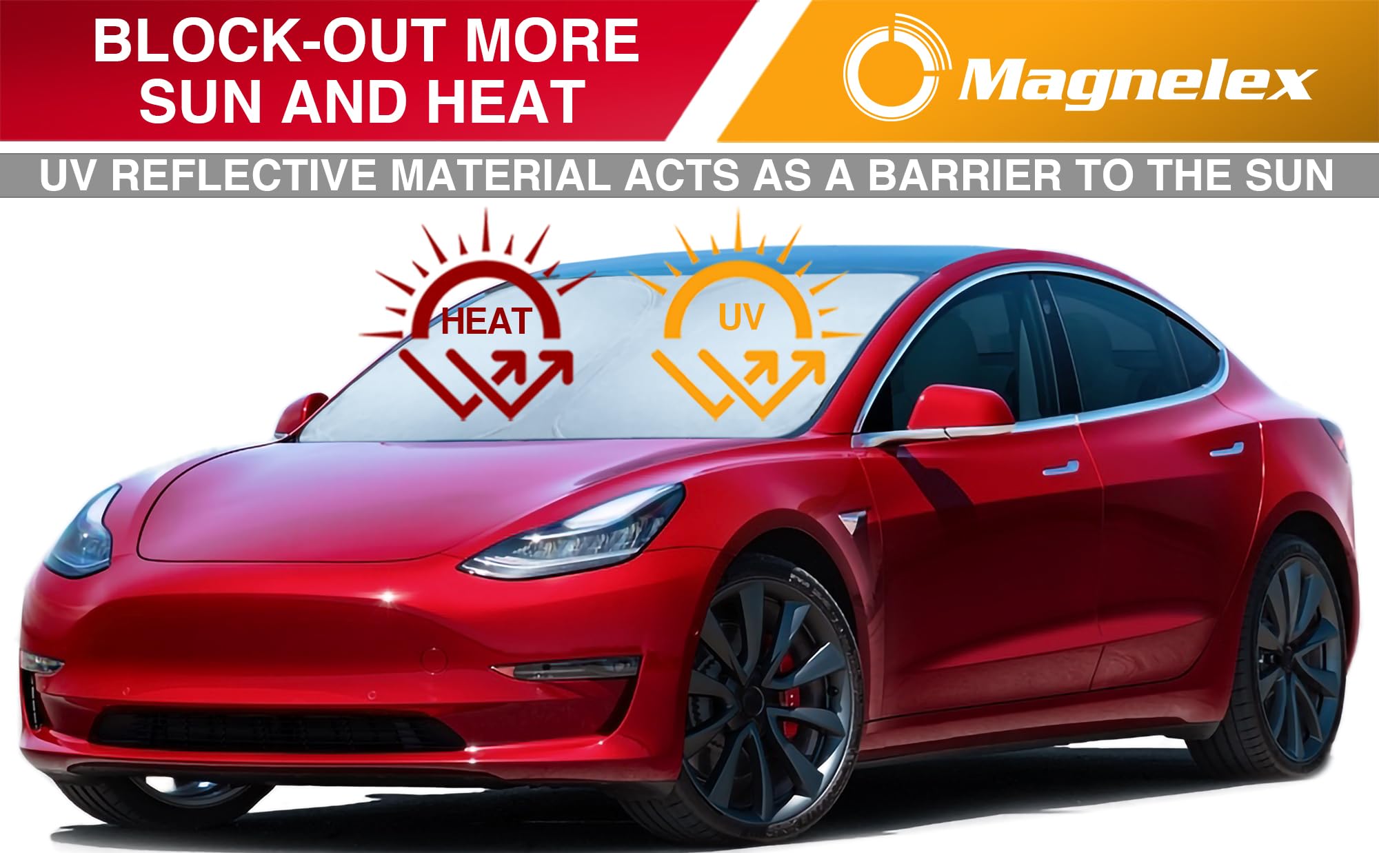 Magnelex Tesla Windshield Sunshade For Model 3 / Model Y | Reflective 240T Material Car Sun Visor With Mirror Cut-Out. Tesla Model 3 Sunshade And Tesla Model Y Sunshade | Foldable Sun Shield For Tesla