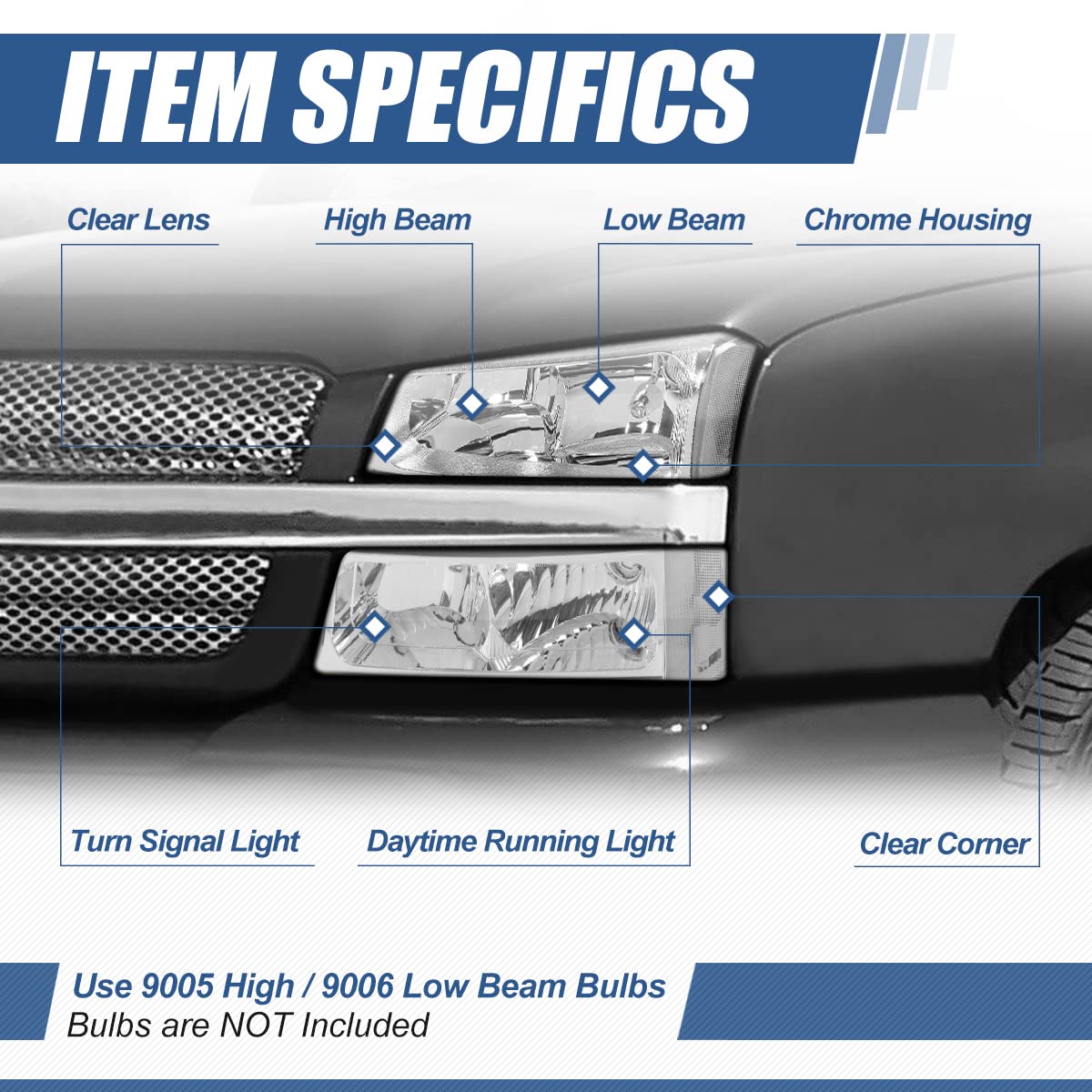 Auto Dynasty 4Pcs Oe Style Headlights Assembly Headlamp With Bumper Lamps Compatible With Chevy Silverado Avalanche 03-07 (Non F