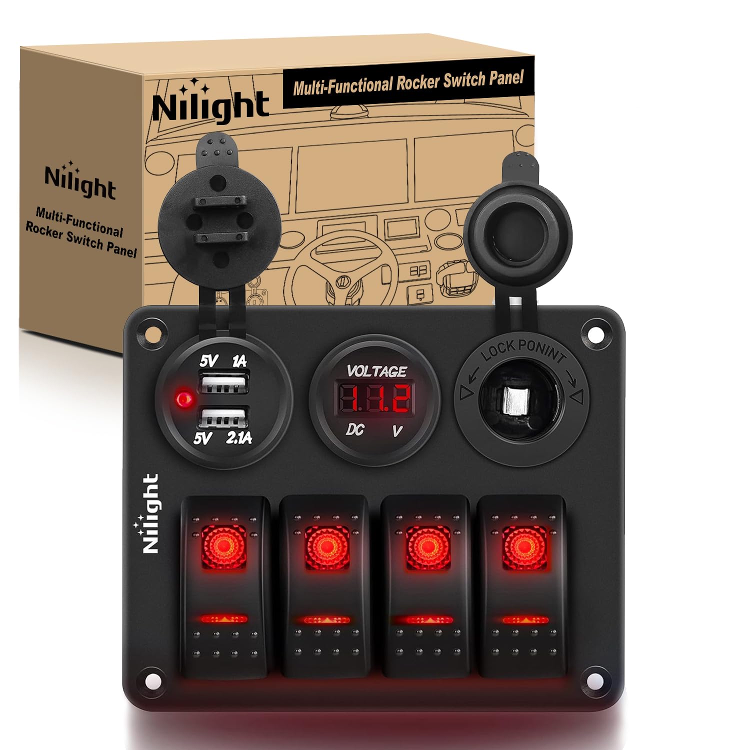 Nilight 4Gang Rocker Switch Panel with USB Charger Voltmeter and Cigar Lighter 12V 24V Toggle ON Off Red Night Glow Stickers for