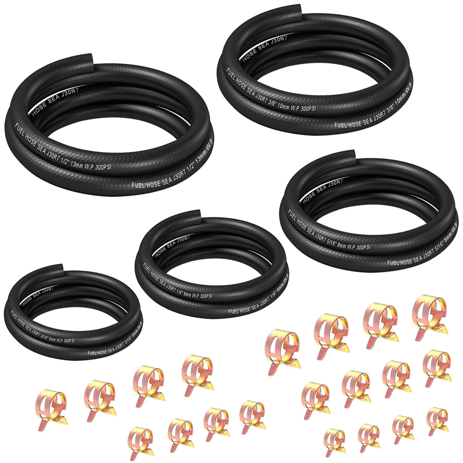 Smseace 25Pcs 3.3Ft 5-Size Fuel Line Hose Kit - 3/8 Inch 1/2 Inch 5/16 Inch 1/4 Inch 3/16 Inch Id Nbr Rubber Fuel Hose With Hose Clamps For Small Engines Automotive Replacement Fuel Hoses
