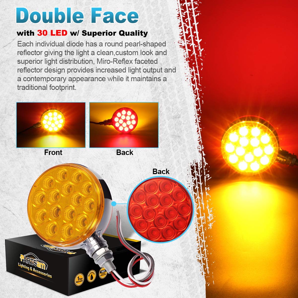 Partsam 2Pc 3'' Round Double Face Red/Amber 30 Led Pedestal Fender Lights Turn Signal Chrome Miro-Reflex Sealed Replacement For