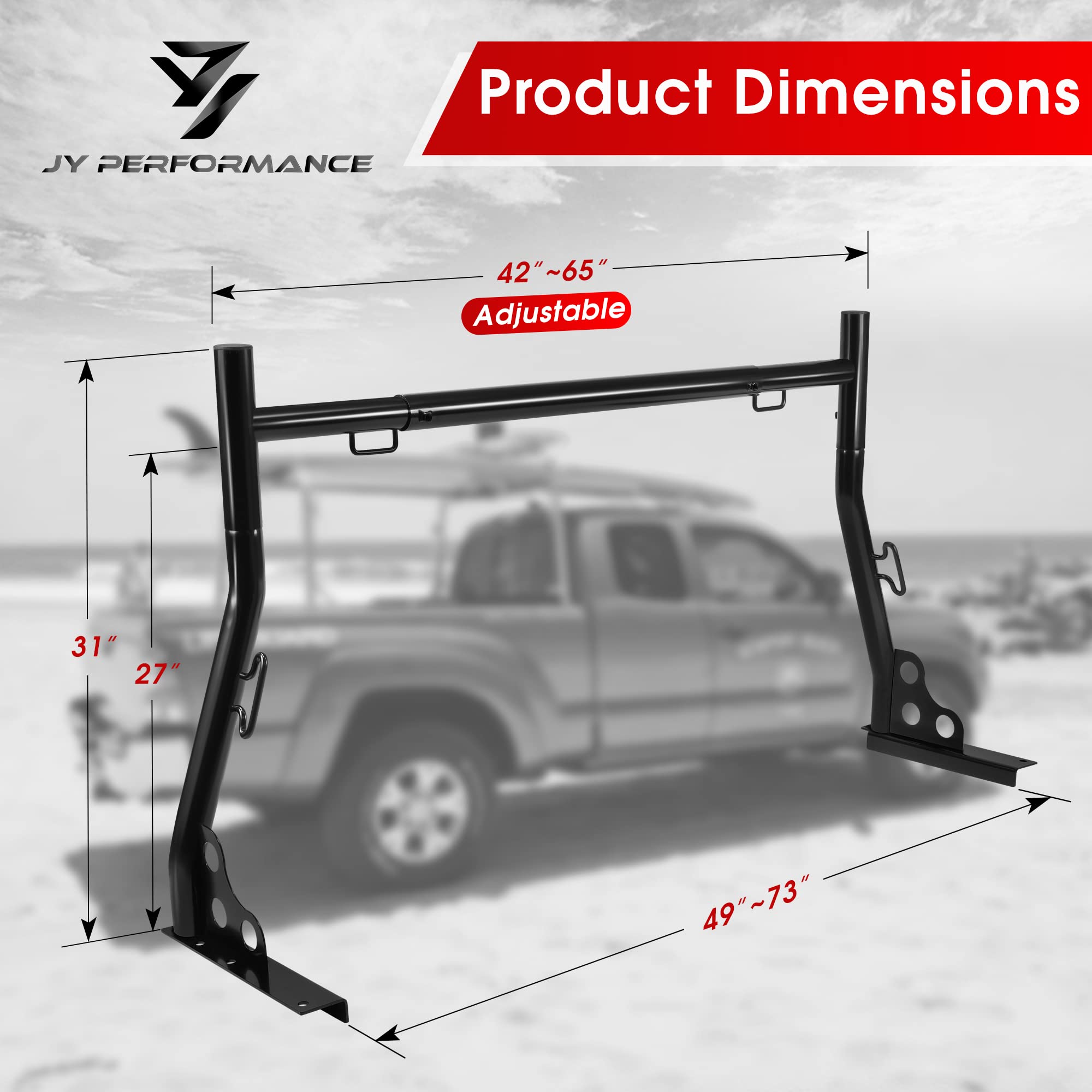 JY PERFORMANCE Truck Ladder Racks 800Ibs Capacity Extendable Pick-up Truck Bed Ladder Rack, Universal Heavy Duty (J-Bolt Clamps)
