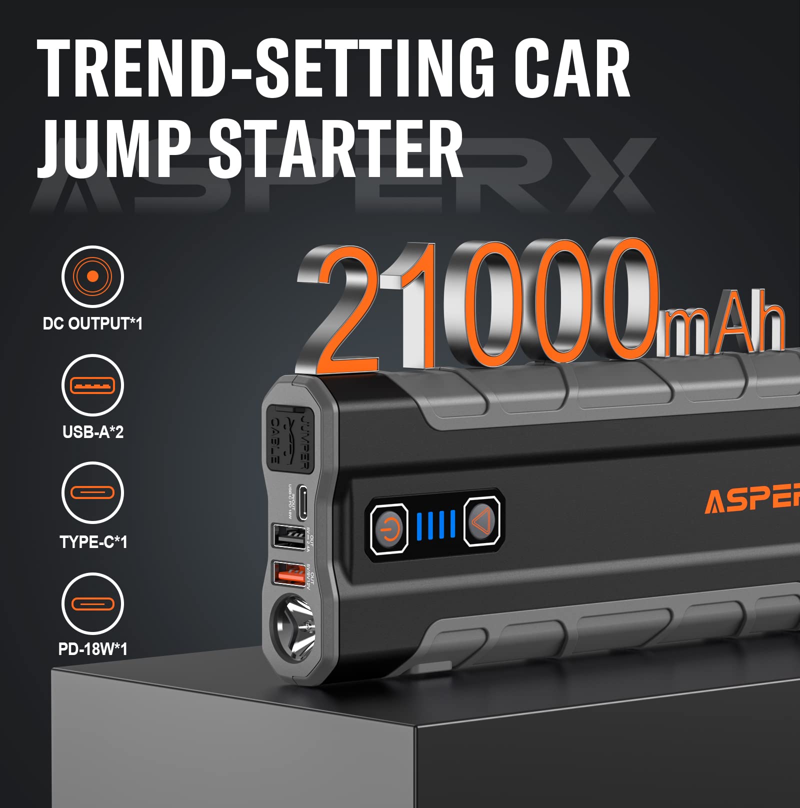 Asperx Car Jump Starter, 2500A Peak Battery Starter For 10L Gas Or 7.3L Diesel Engines, 12V Auto Battery Booster, Lithium Jump B