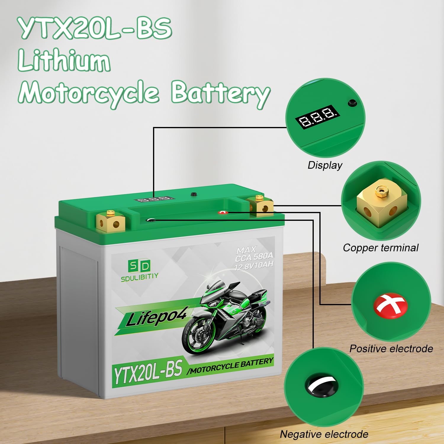 Lithium Motorcycle Battery LiFePO4 YTX20L-BS 12.8V 10Ah 580-750CCA Powersports Battery For Motorcycle Compatible ATV, UTV, Jet S